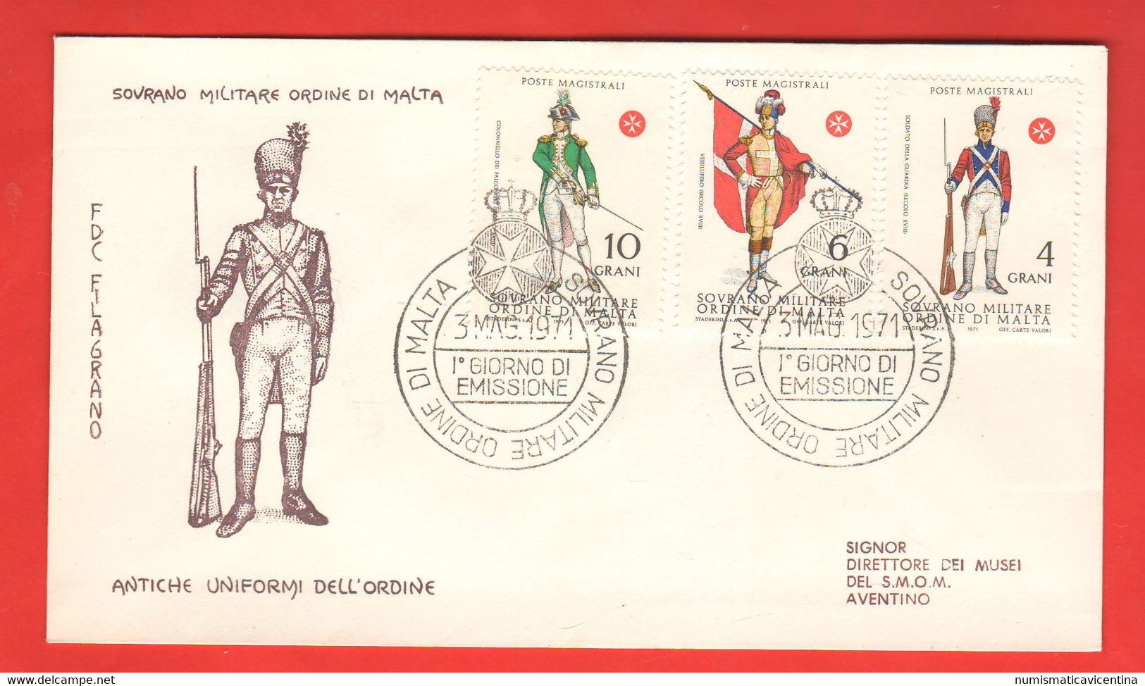 SMOM Malta Sovrano Ordine Di Malta Antiche Uniformi Ancient Uniforms 1971 First Day Cover FDC Filagrano 3 Val - Malte (Ordre De)