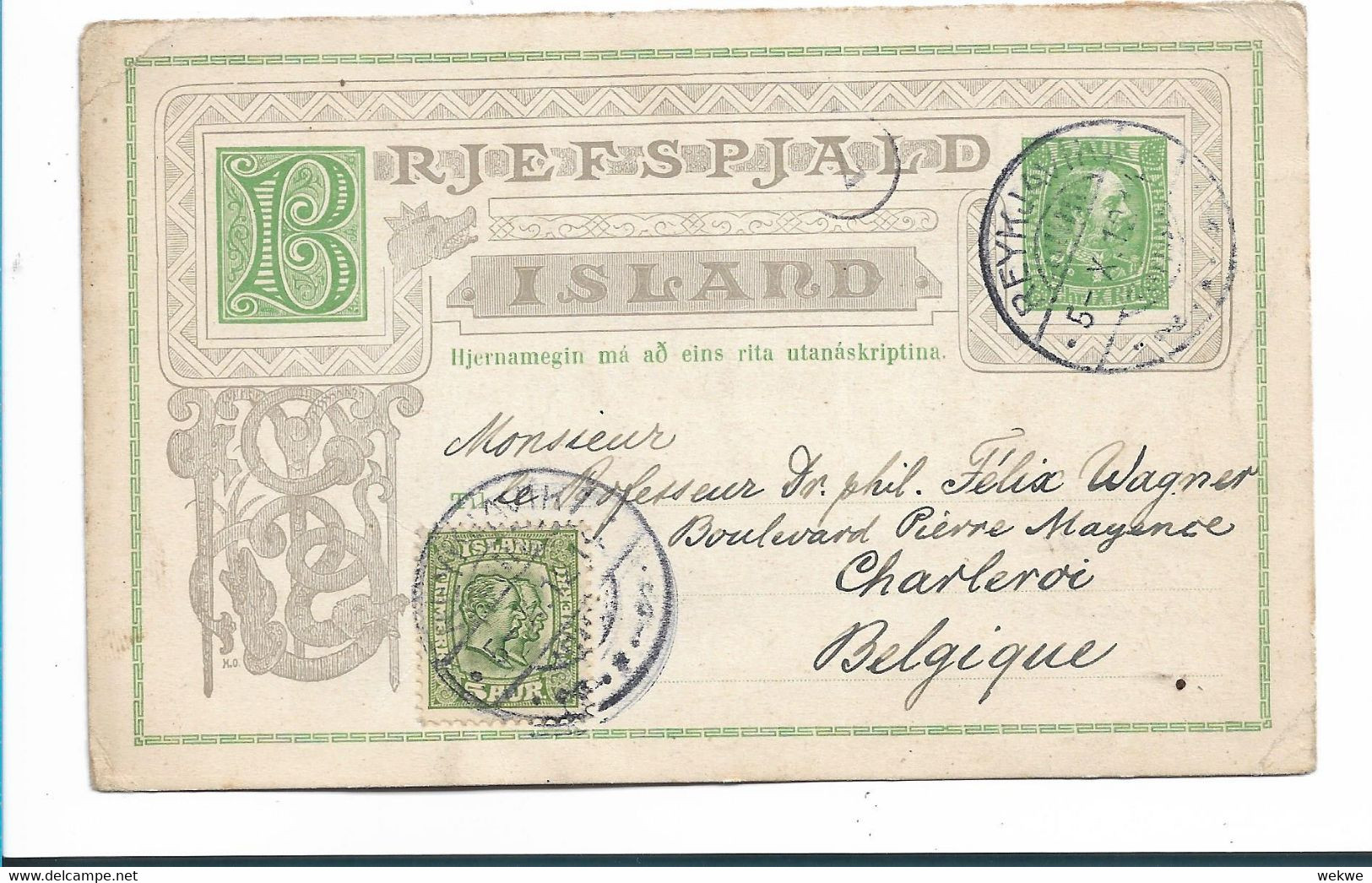 Isl070 / ISLAND - Inlandkarte Christian IX, Aufgewertet Mit 5 Aur 1912 Nach Belgien - Covers & Documents