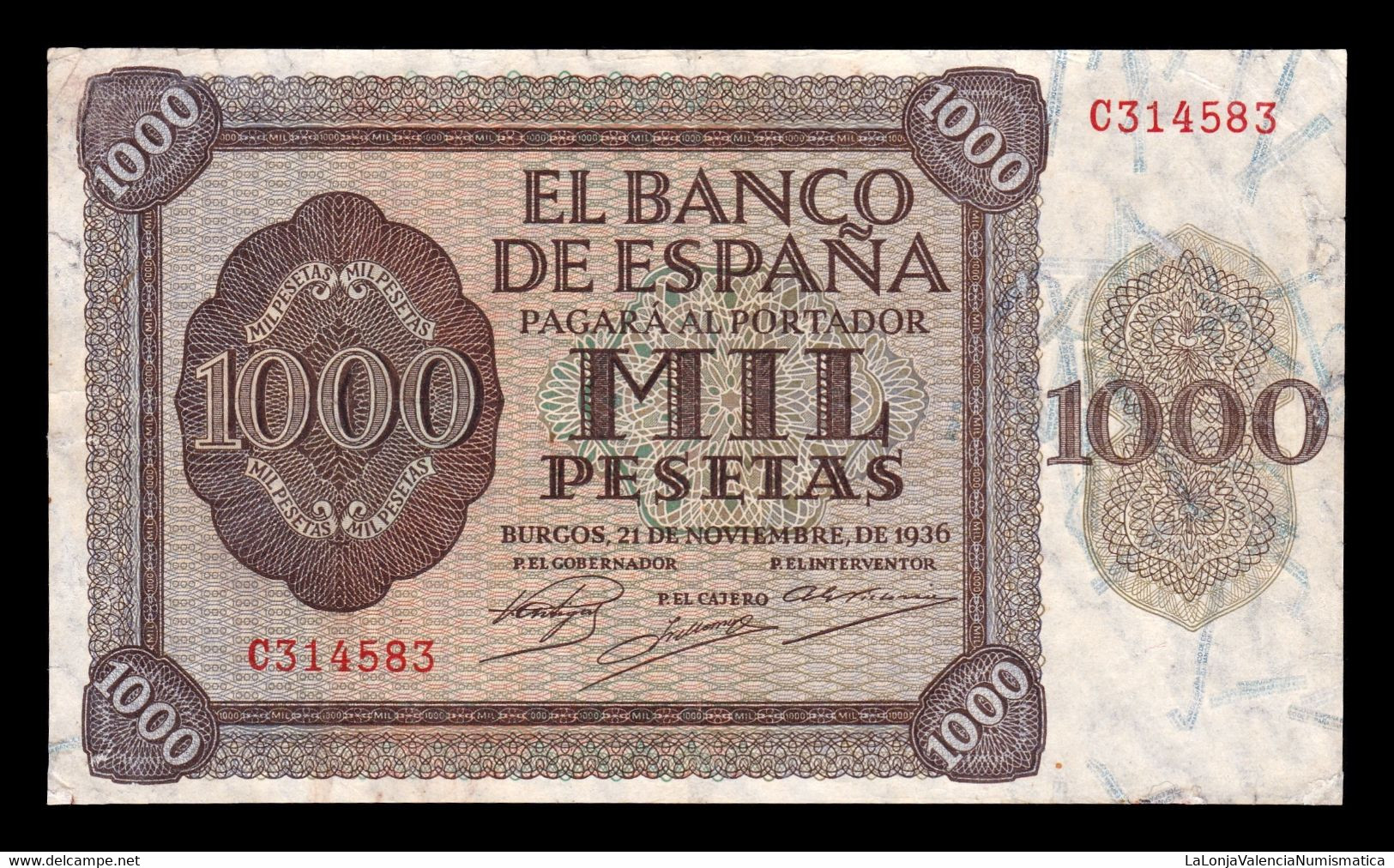 España Spain 1000 Pesetas Burgos 1936 Pick 103 Serie C MBC- AVF - 1000 Peseten