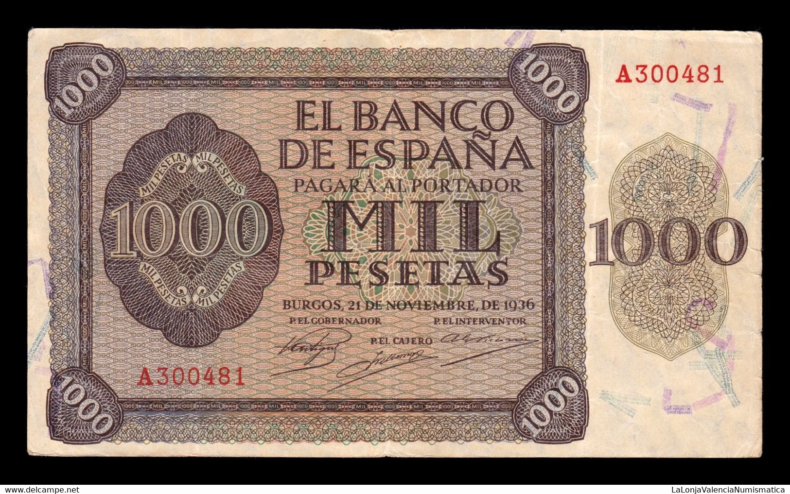 España Spain 1000 Pesetas Burgos 1936 Pick 103 Serie A MBC VF - 1000 Peseten