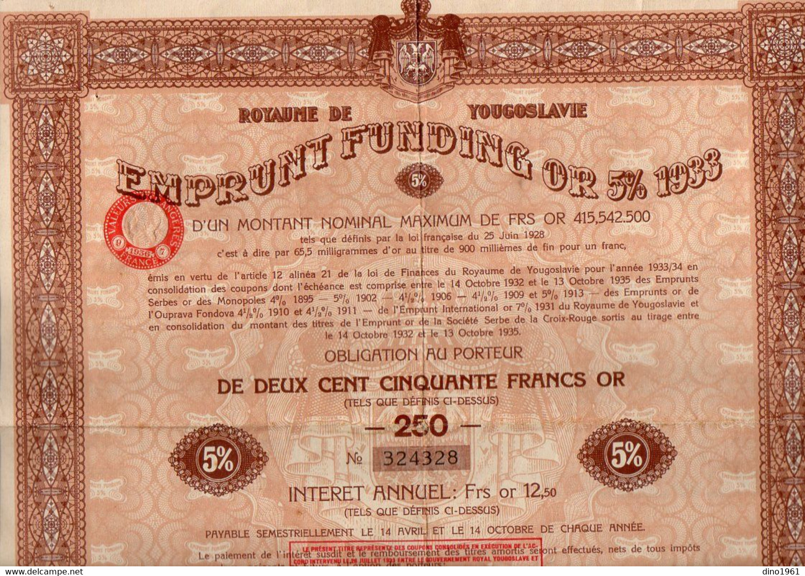 VP20.293 - Royaume De Yougoslavie - BELGRADE 1933 -  Emprunt Funding Or 5 % 1933 - Titre D'une Obligation ...... - W - Z