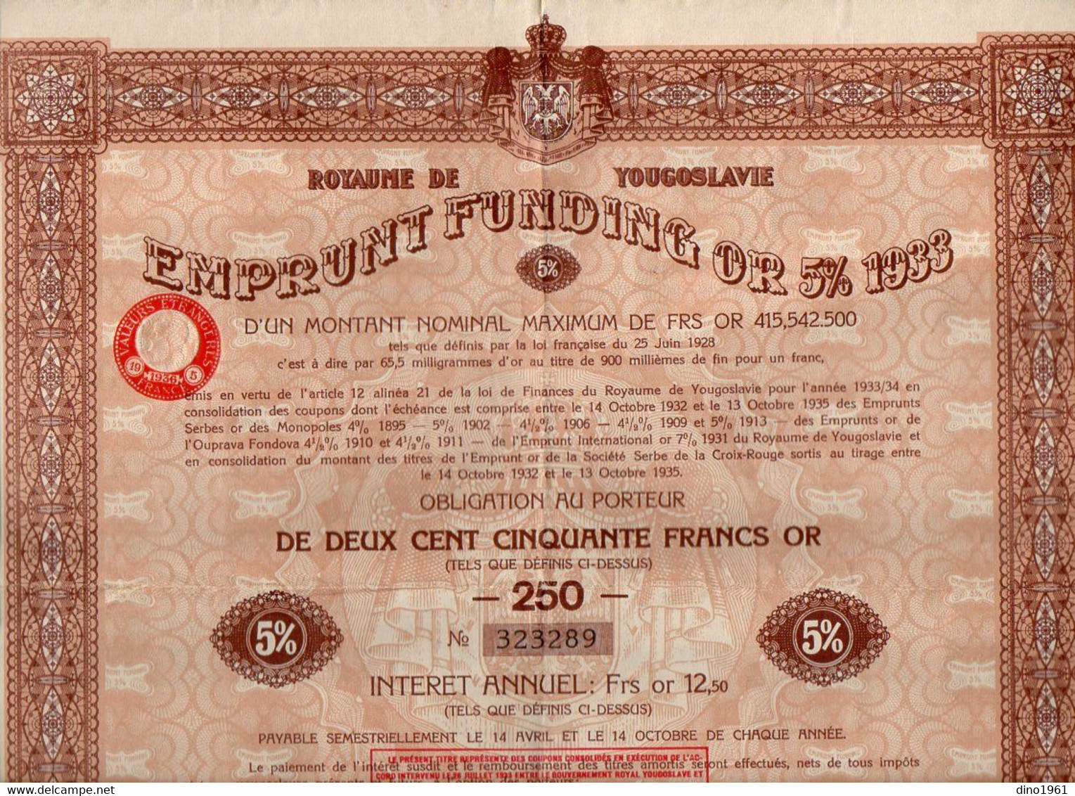 VP20.294 - Royaume De Yougoslavie - BELGRADE 1933 -  Emprunt Funding Or 5 % 1933 - Titre D'une Obligation ...... - W - Z
