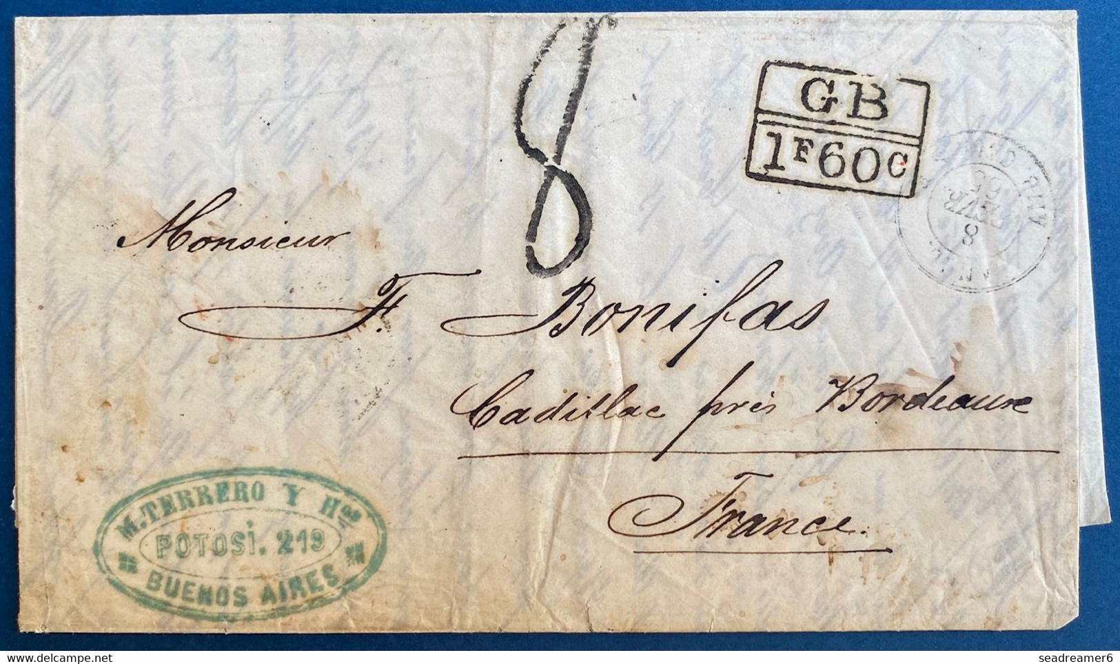 Lettre D'Argentine  Cadillac /France Par Voie Anglaise : Dateur Buenos Ayres Anglais + London + Marque Echange + Entrée - Storia Postale