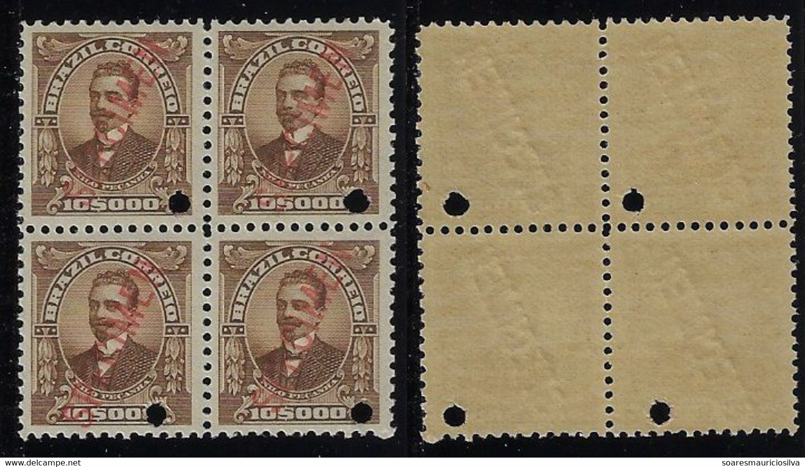 Brazil 1910 RHM-153 President Nilo Peçanha 10,000 Réis Block Of 4 Stamp With Hole And Overprint Specimen Unused - Ungebraucht