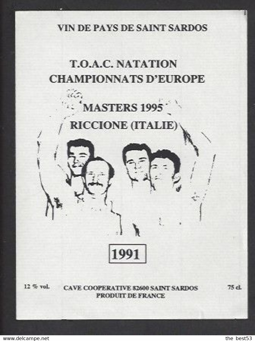 Etiquette De Vin De Pays De St Sardos 1991 - TOAC Natation Championnats D'Europe - Master 1995 Riccione (Italie) - Autres & Non Classés