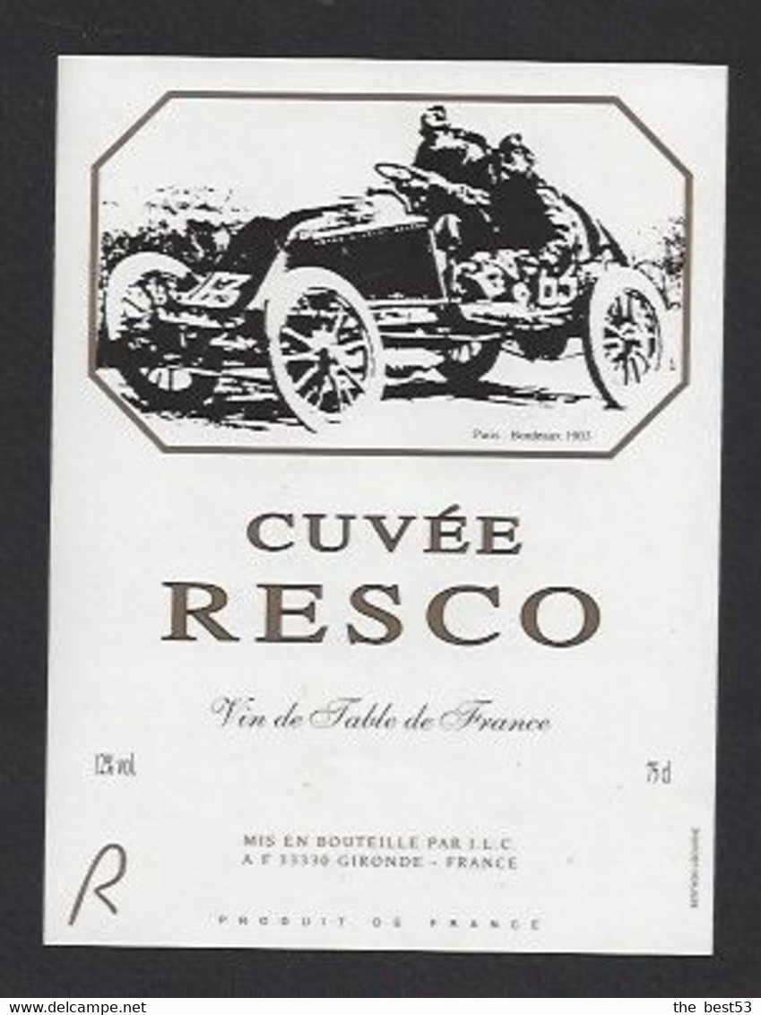 Etiquette De Vin De Table  -  Cuvée Resco  -  Paris Bordeaux 1903  - Thème Automoblile - Auto Races