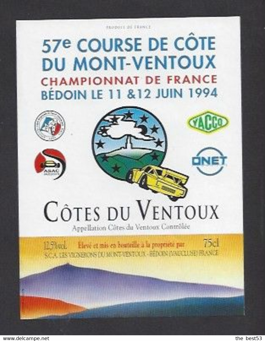 Etiquette De Vin Côtes Du Ventoux - 57 éme Course De Côte Du Mont Ventoux Les 11/12/06/94 à Bédoin 84 -Thème Automoblile - Autorennen