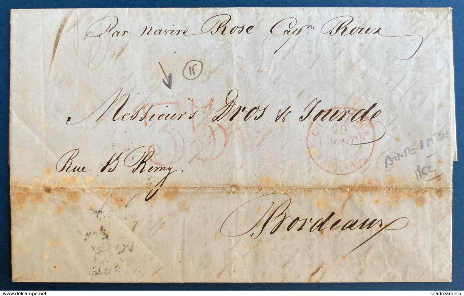 Lettre Guadeloupe 1852 Pointe à Pitre  Bordeaux  "par Navire Rose Captne ROUX" + " Colonies.fra/pauillac " + Taxe 35 - Storia Postale