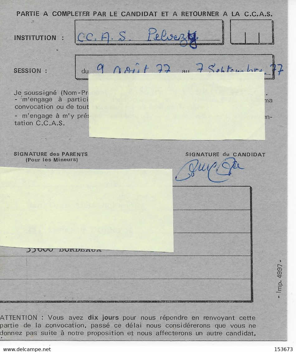Carte Réponse C.C.A.S.-PARIS Affranchie 1f Marianne Bequet Non Dentelé Verticalement Oblitéré Flamme Bordeaux Gare 1977 - Briefe U. Dokumente