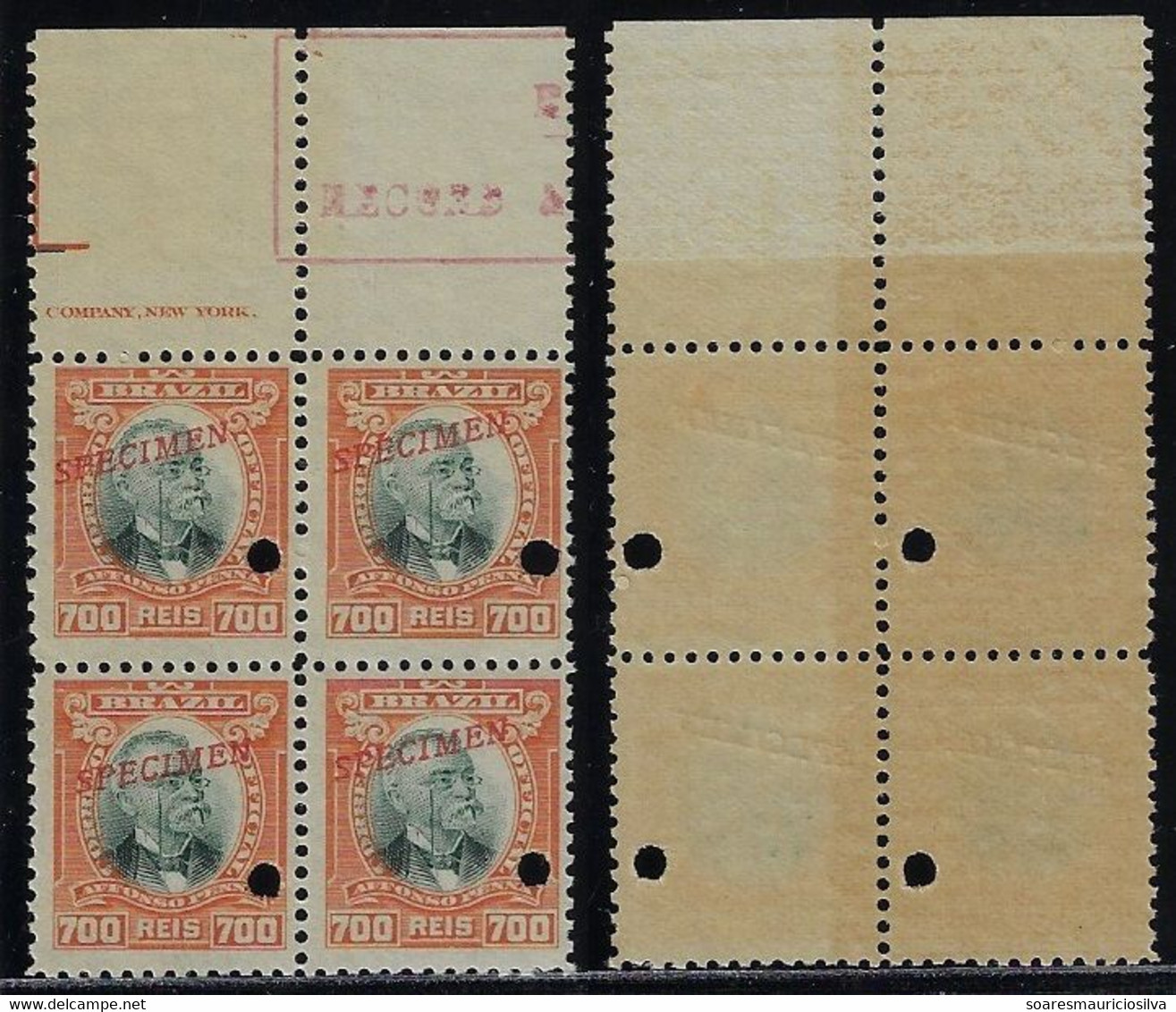 Brazil 1906 RHM-Official-9 President Afonso Pena 700 Réis Block Of 4 Stamp With Hole And Overprint Specimen Unused - Oficiales