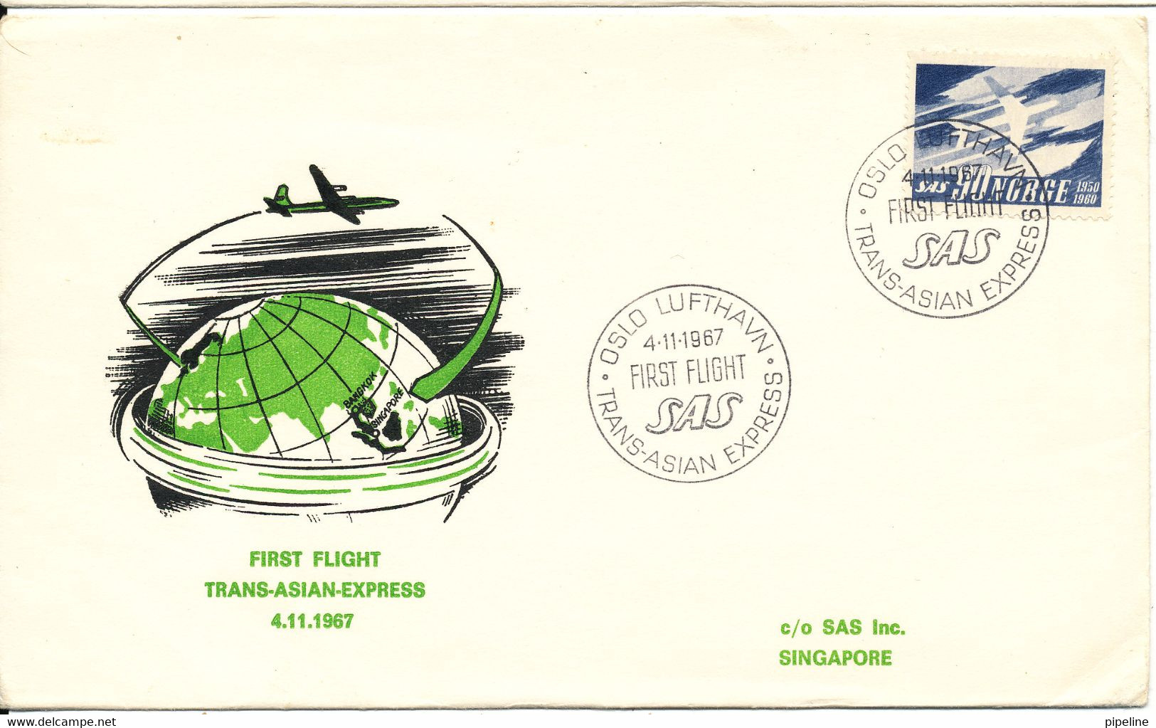 Norway First SAS Flight Trans Asian Express Scandinavia - Singapore 4-11-1967 - Lettres & Documents