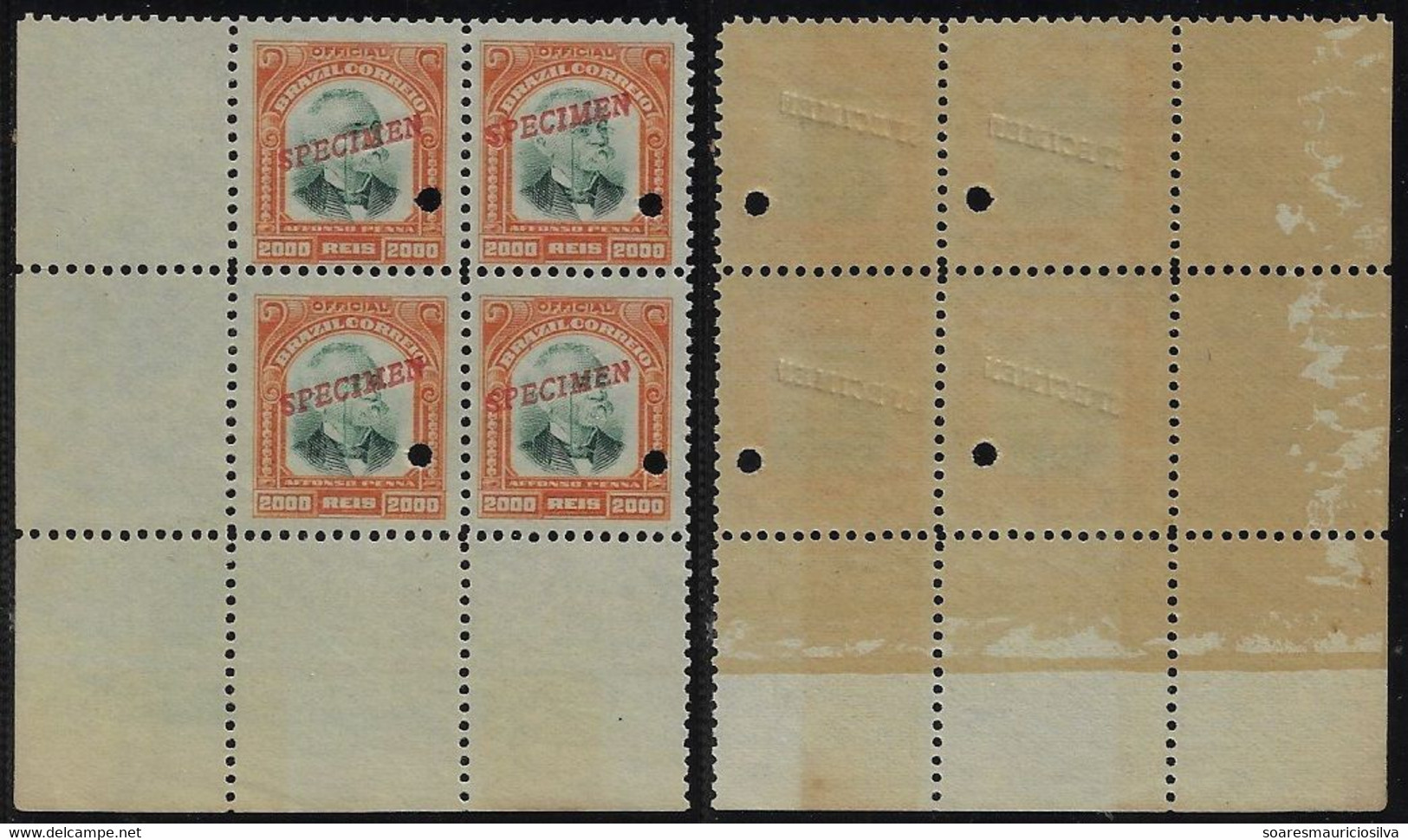 Brazil 1906 RHM-Official-11 President Afonso Pena 2,000 Réis Block Of 4 Stamp With Hole And Overprint Specimen Unused - Officials