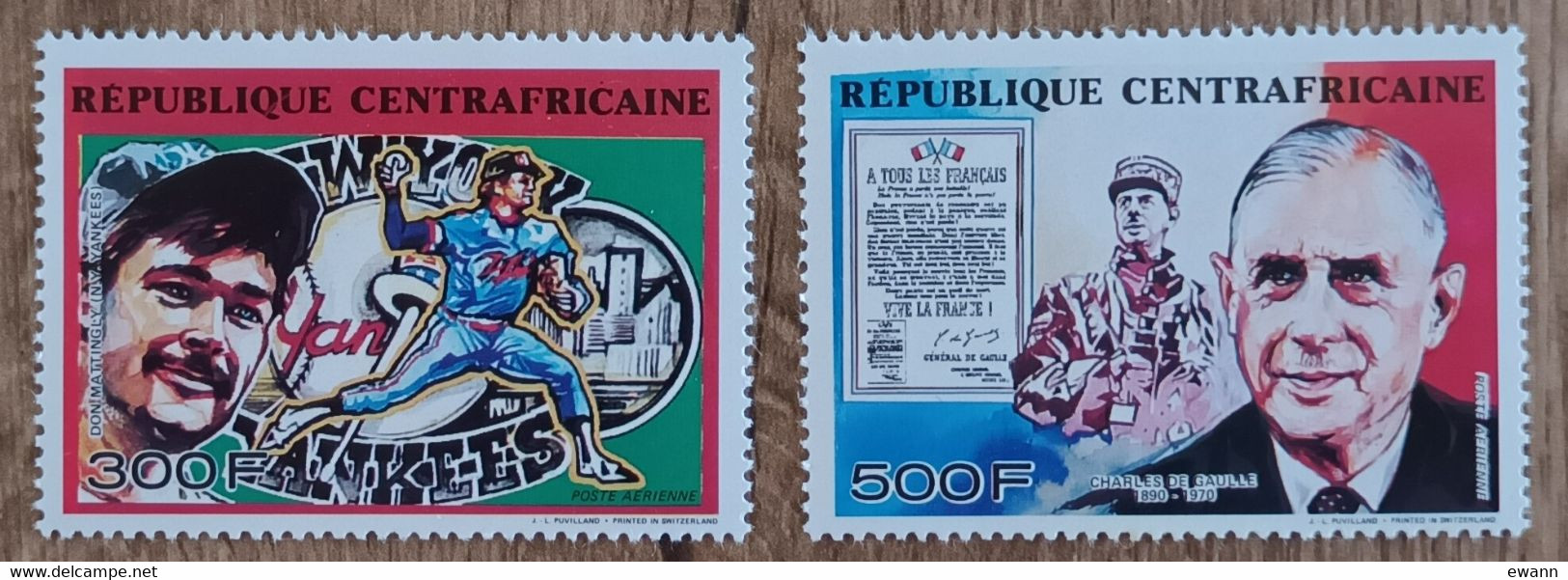 Centrafricaine - YT Aérien N°401, 402 - Base Ball, Don Mattingly / Général De Gaulle - 1990 - Neuf - Central African Republic