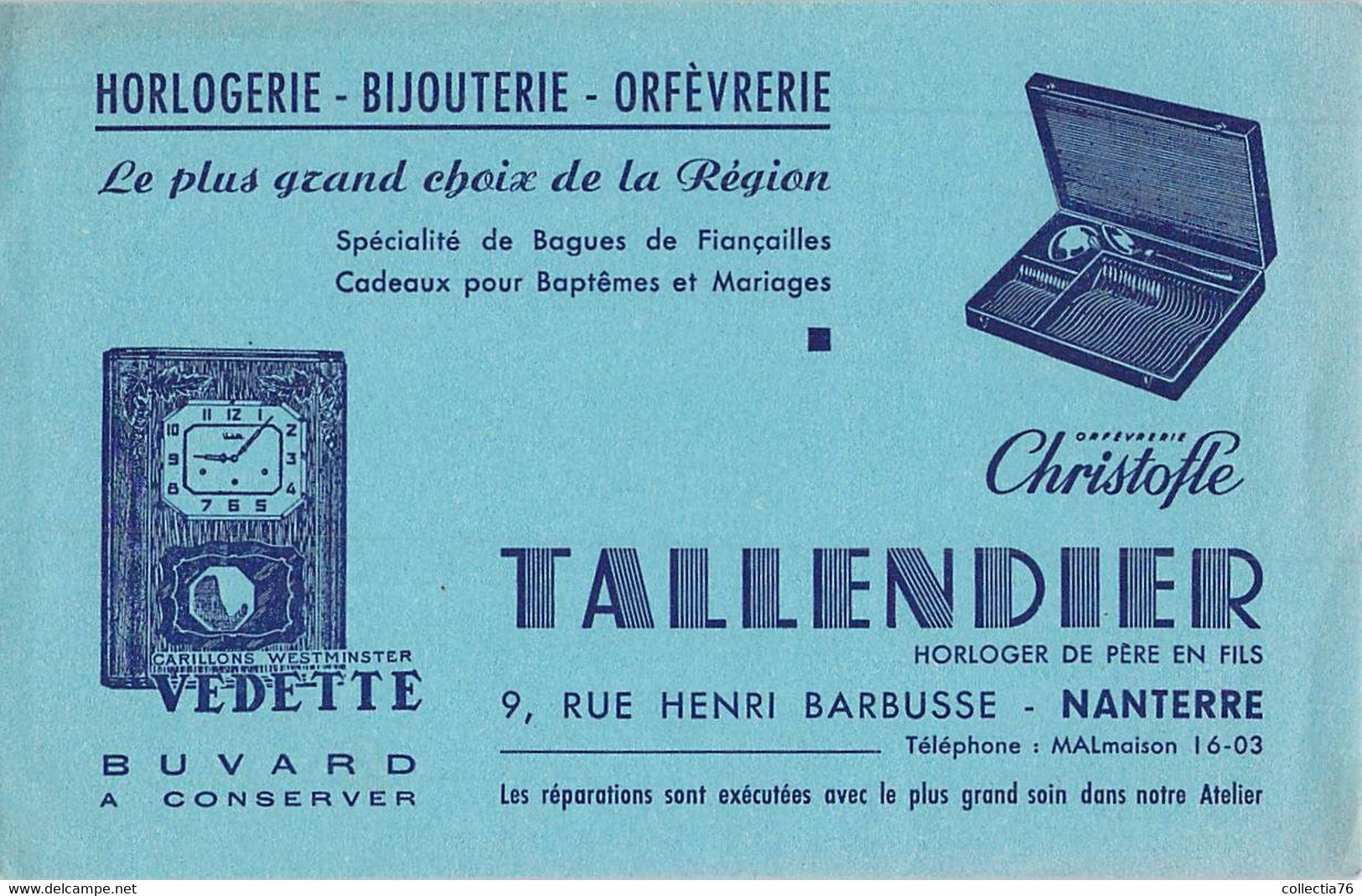 VIEUX PAPIERS BUVARD BIJOUTERIE OFEVRERIE CARILLON VEDETTE TALLENDIER NANTERRE 13 X 21 CM - M