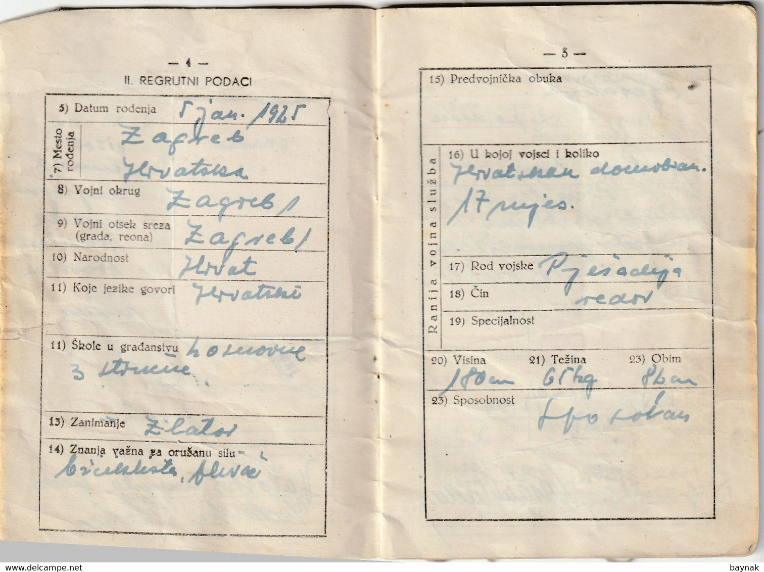 YUGOSLAVIA , CROATIA  - JNA  -- YU ARMY -  VOJNA KNJIZICA  --  SOLDBUCH   - MILITARY PASS  --  EX- DOMOBRAN, 17 MJESECI - Documents