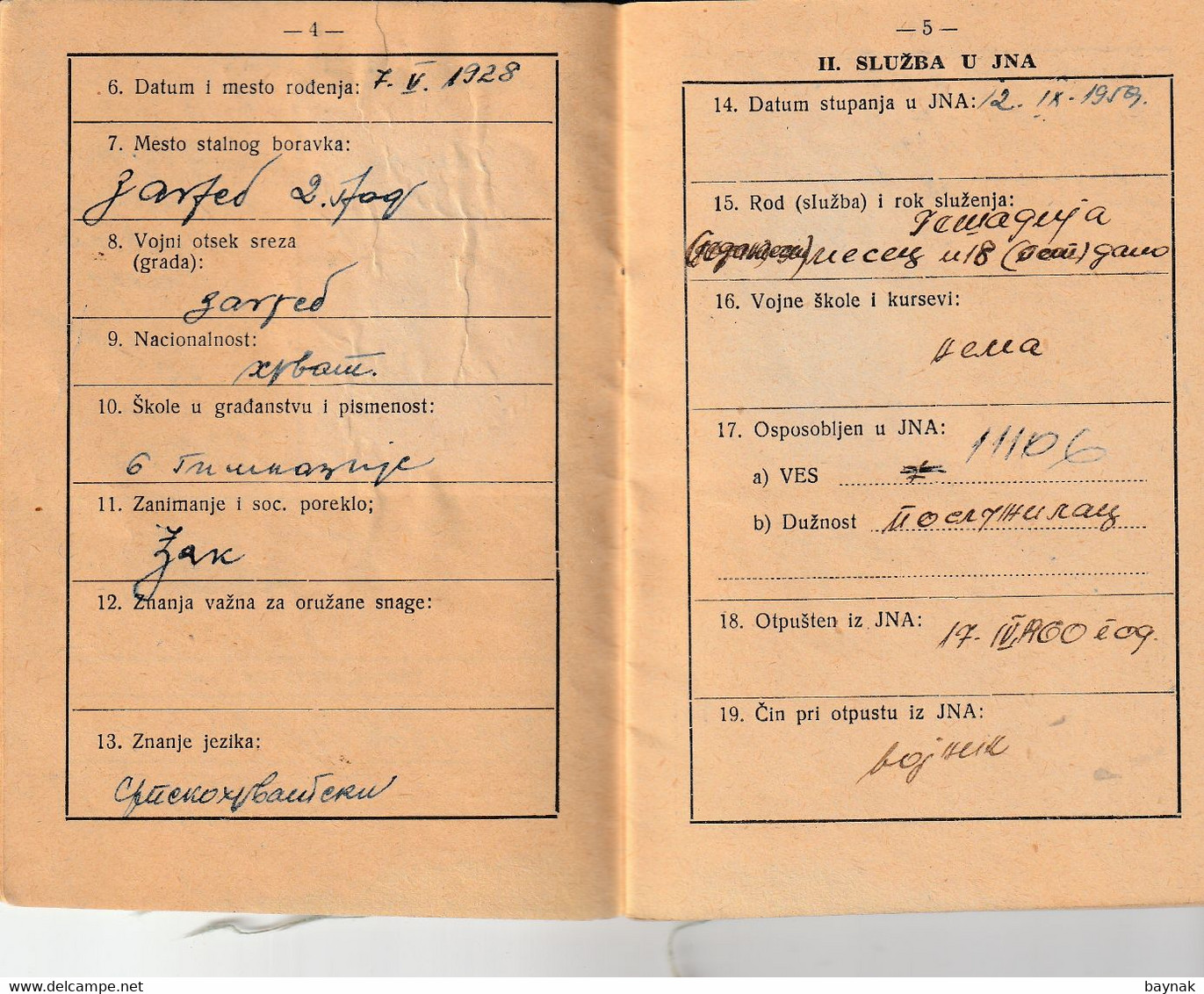 YUGOSLAVIA , CROATIA  - JNA  -- YU ARMY -  VOJNA KNJIZICA  --  SOLDBUCH   - MILITARY PASS - Documents