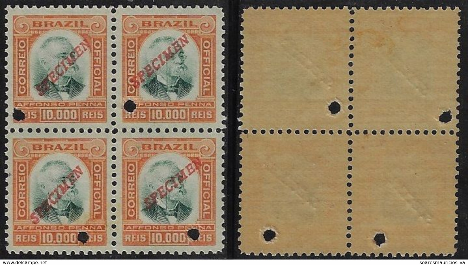 Brazil 1906 RHM-Official-13 President Afonso Pena 10,000 Réis Block Of 4 Stamp With Hole And Overprint Specimen Unused - Dienstmarken