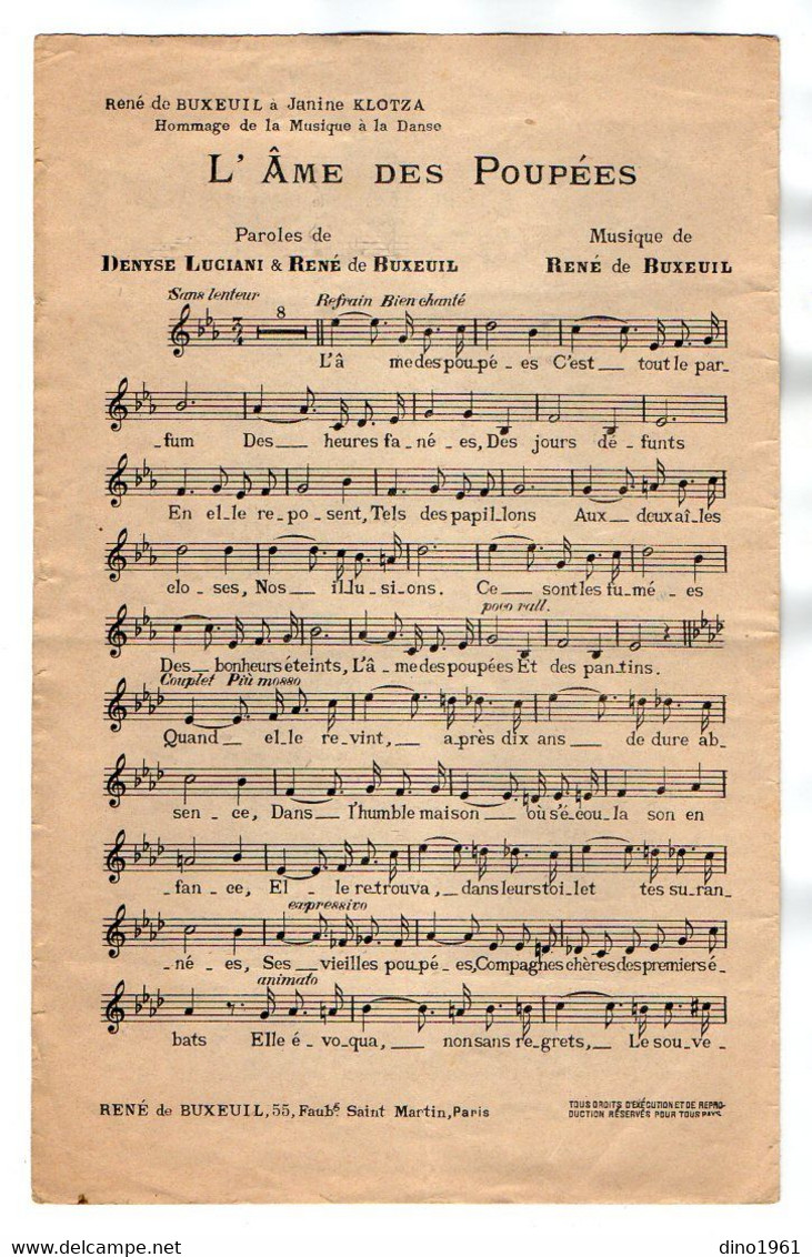 VP20.300 - PARIS - Ancienne Partition Musicale ¨ L'Ame Des Poupées ¨ Par GESKY - Paroles De D. LUCIANY & R. De BUXEUIL - Noten & Partituren