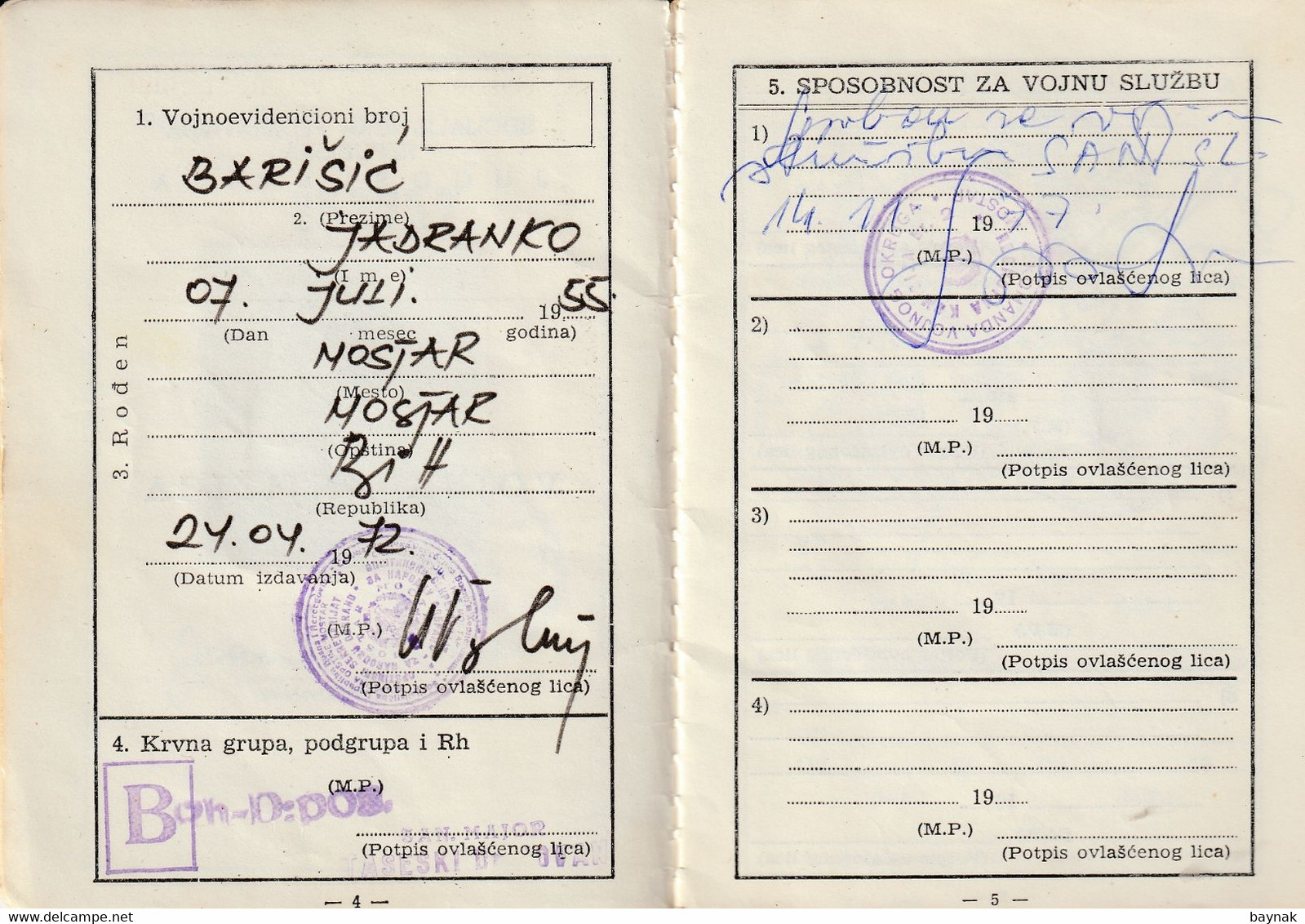 YUGOSLAVIA , CROATIA   - JNA  -- YU ARMY  -   VOJNA KNJIZICA  --  SOLDBUCH   - MILITARY PASS  --  1964 - Documents