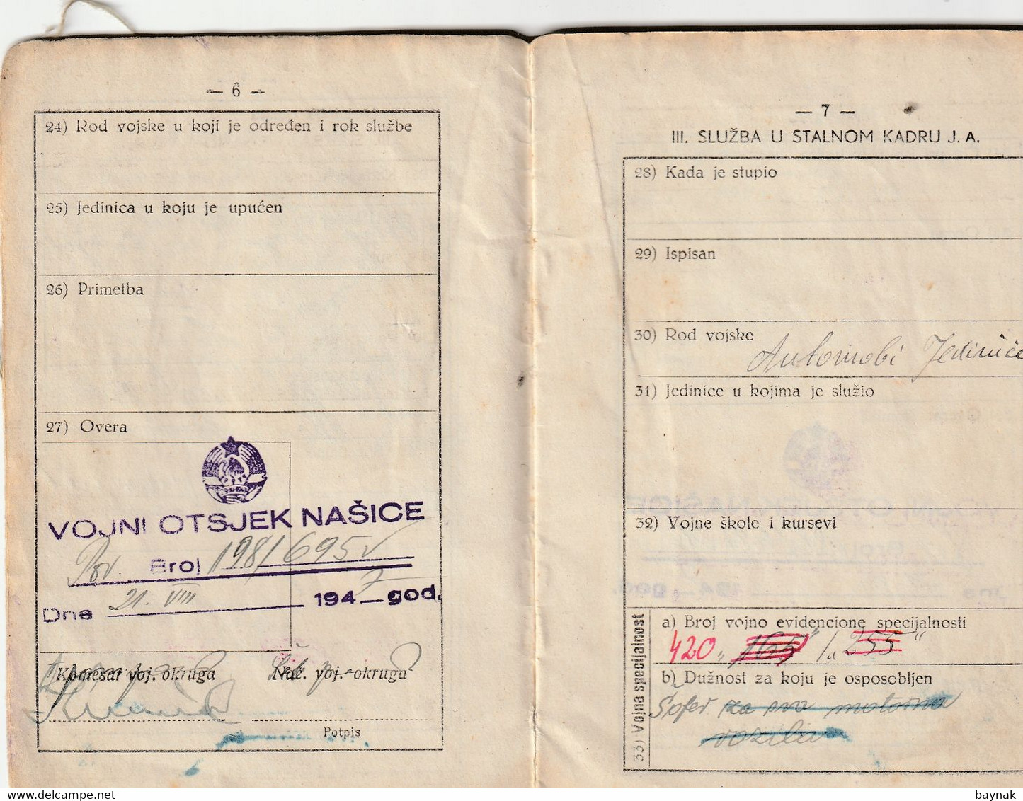 YUGOSLAVIA , CROATIA, NASICE  - JNA  -- YU ARMY  -   VOJNA KNJIZICA  --  SOLDBUCH   - MILITARY PASS  --  1947 - Documents