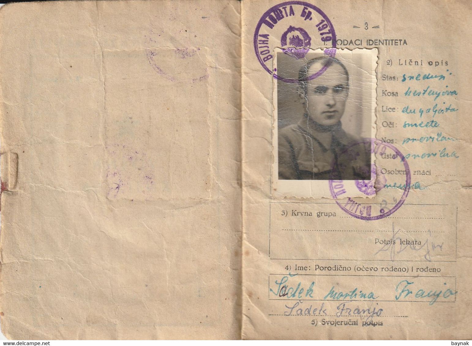 YUGOSLAVIA , CROATIA,   - JNA  -- YU ARMY  -   VOJNA KNJIZICA  --  SOLDBUCH   - MILITARY PASS  -  1949  -  EX - DOMOBRAN - Documents