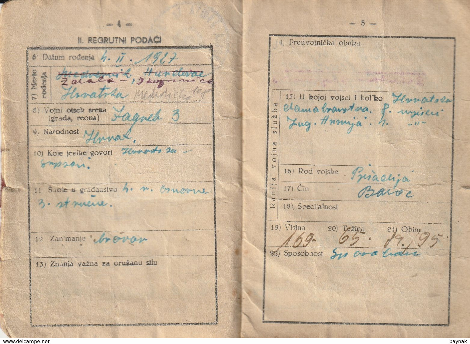 YUGOSLAVIA , CROATIA,   - JNA  -- YU ARMY  -   VOJNA KNJIZICA  --  SOLDBUCH   - MILITARY PASS  -  1949  -  EX - DOMOBRAN - Documents