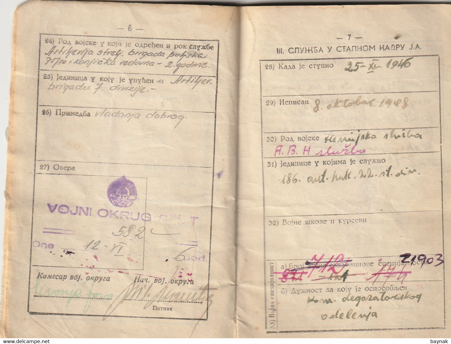 YUGOSLAVIA , CROATIA,   - JNA  -- YU ARMY  -   VOJNA KNJIZICA  --  SOLDBUCH   - MILITARY PASS  -  1946  -  VODNIK - Documents