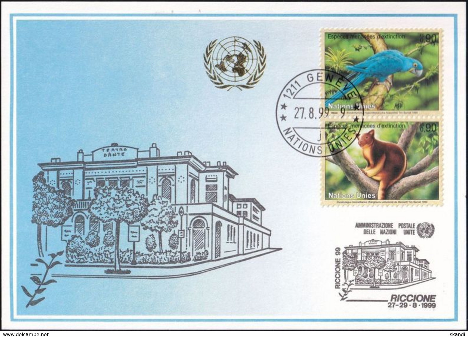 UNO GENF 1999 Mi-Nr. 301 Blaue Karte - Blue Card  Mit Erinnerungsstempel RICCIONE - Cartas & Documentos