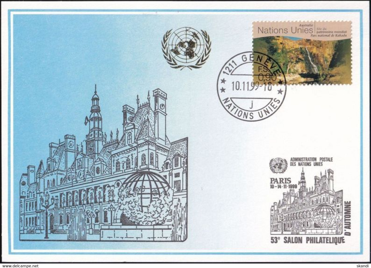 UNO GENF 1999 Mi-Nr. 305 Blaue Karte - Blue Card  Mit Erinnerungsstempel PARIS - Briefe U. Dokumente