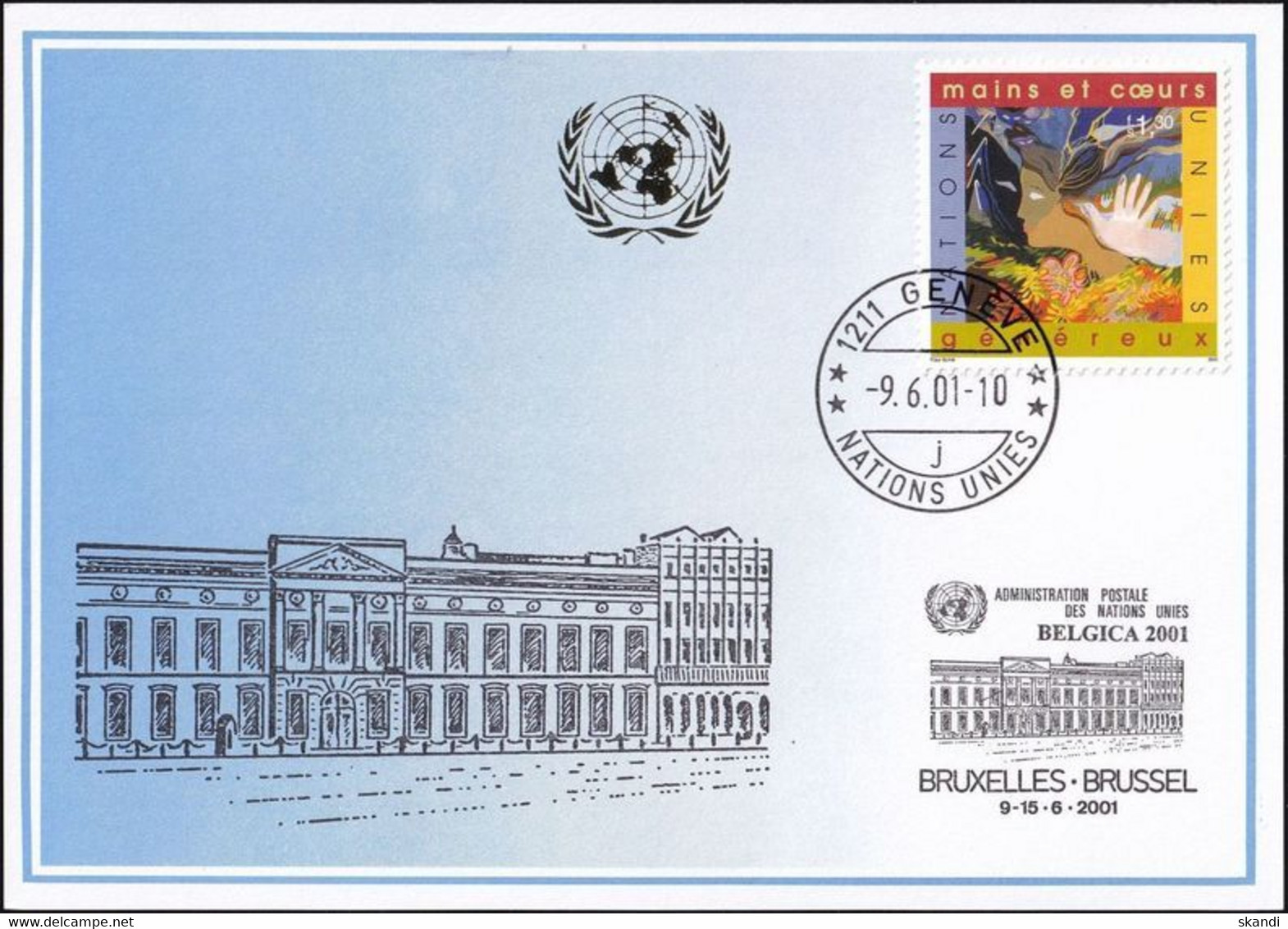 UNO GENF 2001 Mi-Nr. 321 Blaue Karte - Blue Card  Mit Erinnerungsstempel BRÜSSEL - Cartas & Documentos