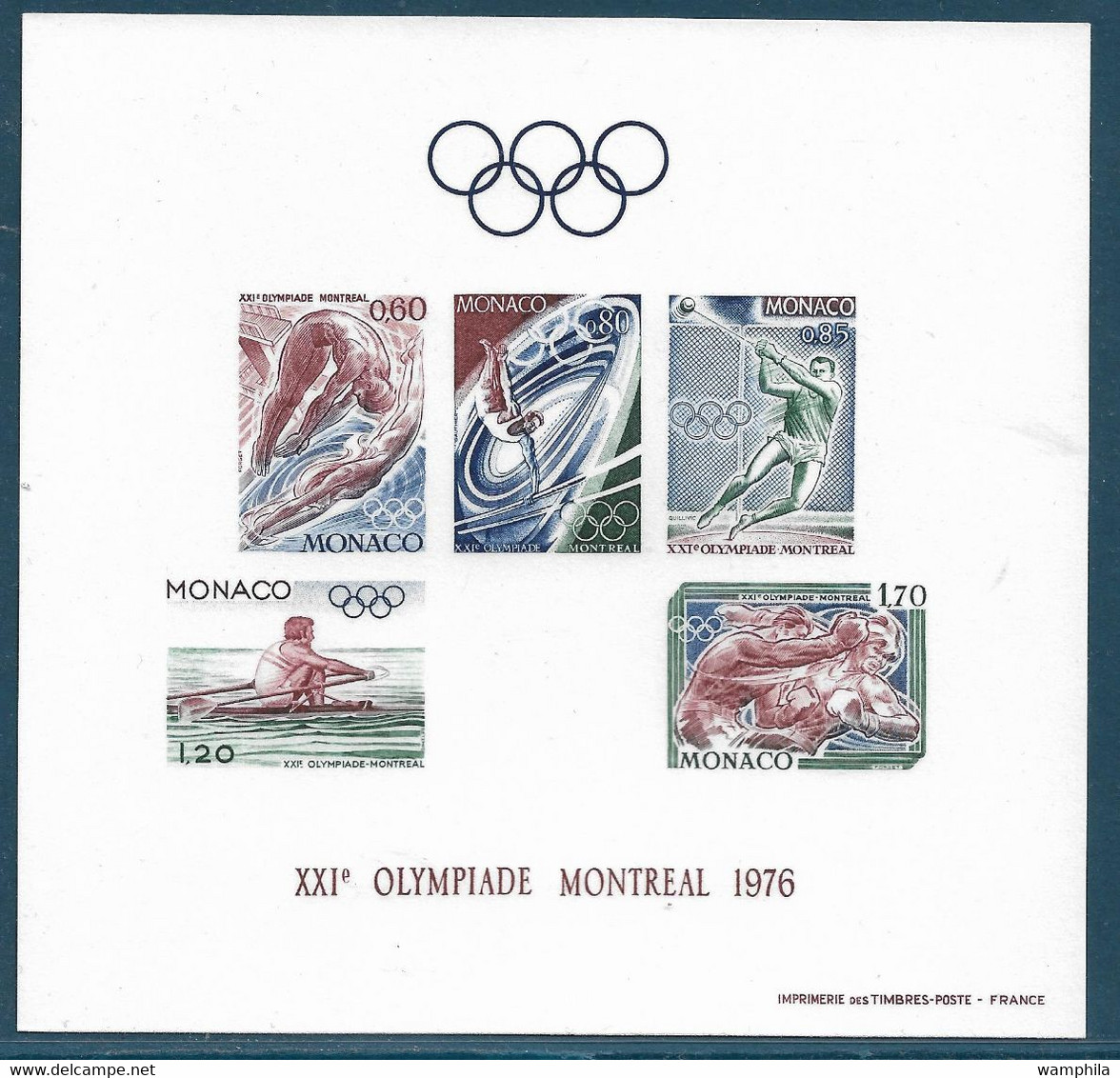 Monaco Bloc N°11a** Non Dentelé. J.O. De Montréal, Plongeons, Barres P., Lancé De Marteau, Aviron, Boxe. Cote 580€ - Sommer 1976: Montreal