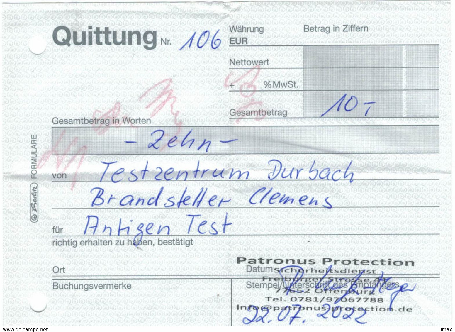 Quittung Testzentrum Durbach Antigen-Test Patronus Protection Sicherheitsdienst Offenburg - Altri & Non Classificati