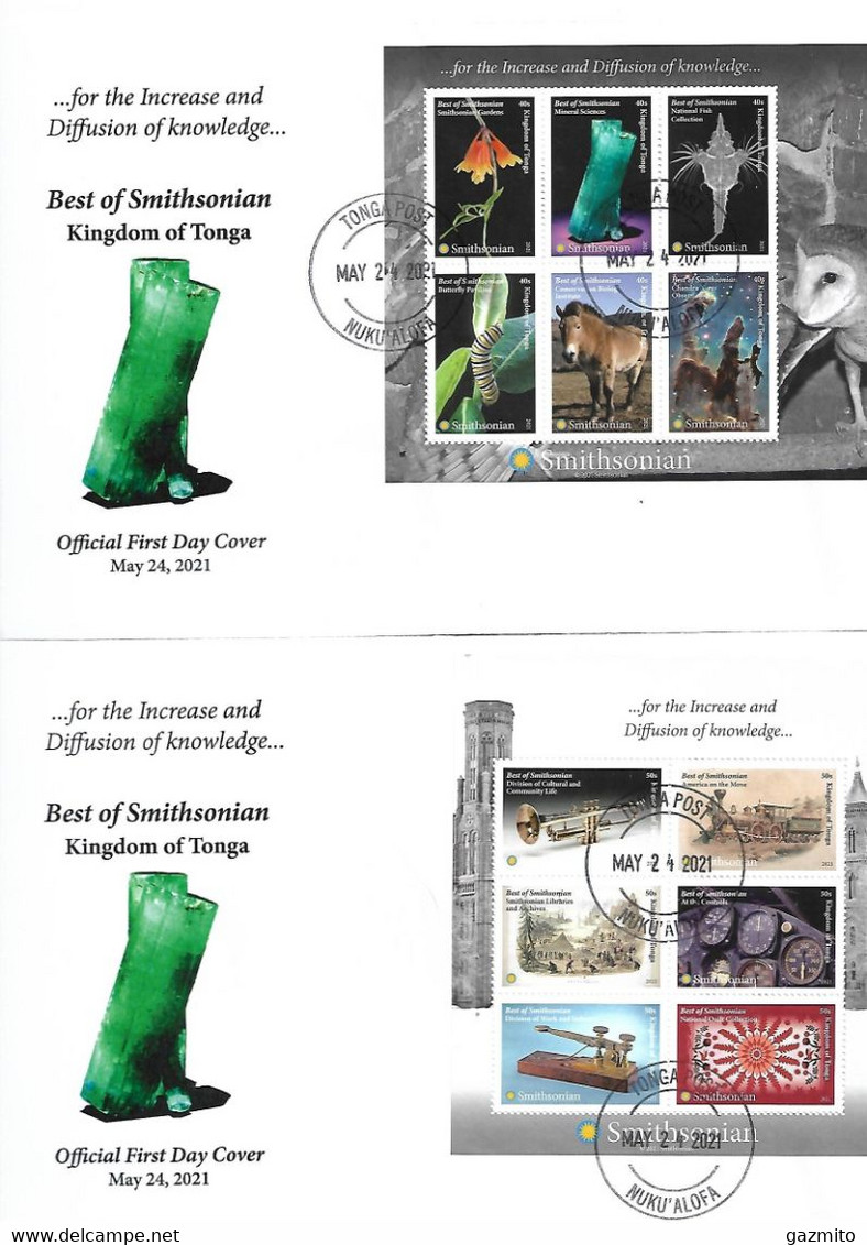 Tonga 2021, Smithsonian Museum, Trumpet, Stem Train, Telegraph, Plane, Book, Flower, 12val In 2Block In FDC - Océanie