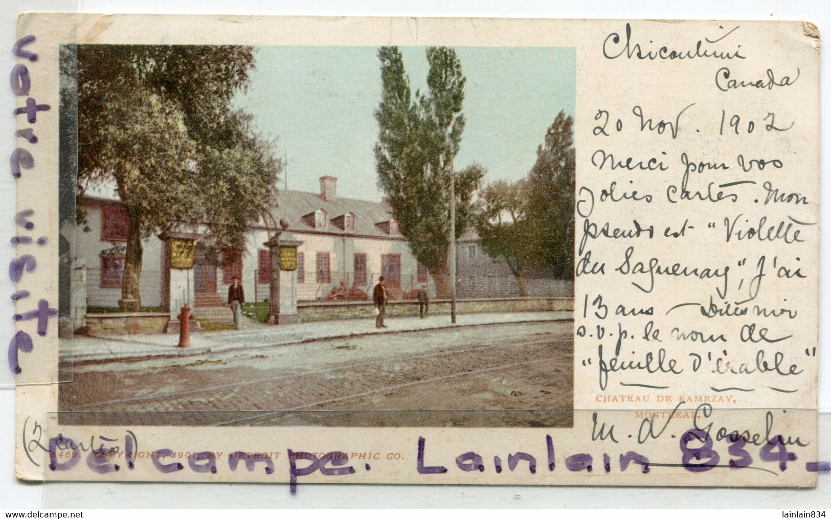 - Chateau De RAMEZAY - Montréal, écrite De Chicoutimi, écrite, 1902, épaisse, Précurseur, Carte De 120 Ans, Cans. - Other & Unclassified