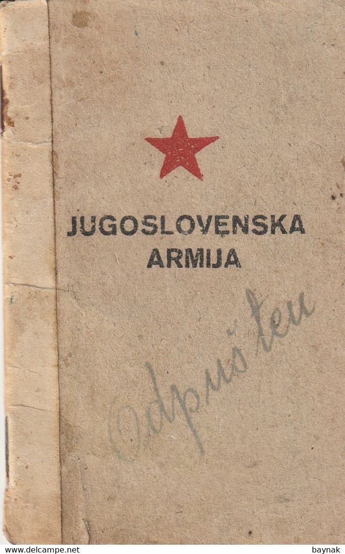 YUGOSLAVIA , CROATIA   - JNA  -- YU ARMY  -  VOJNA KNJIZICA  --  SOLDBUCH   - MILITARY PASS   --  1945 - Documents