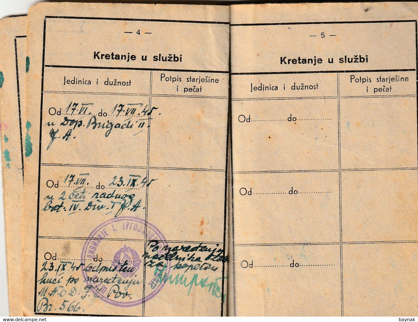 YUGOSLAVIA , CROATIA   - JNA  -- YU ARMY  -  VOJNA KNJIZICA  --  SOLDBUCH   - MILITARY PASS   --  1945 - Documents