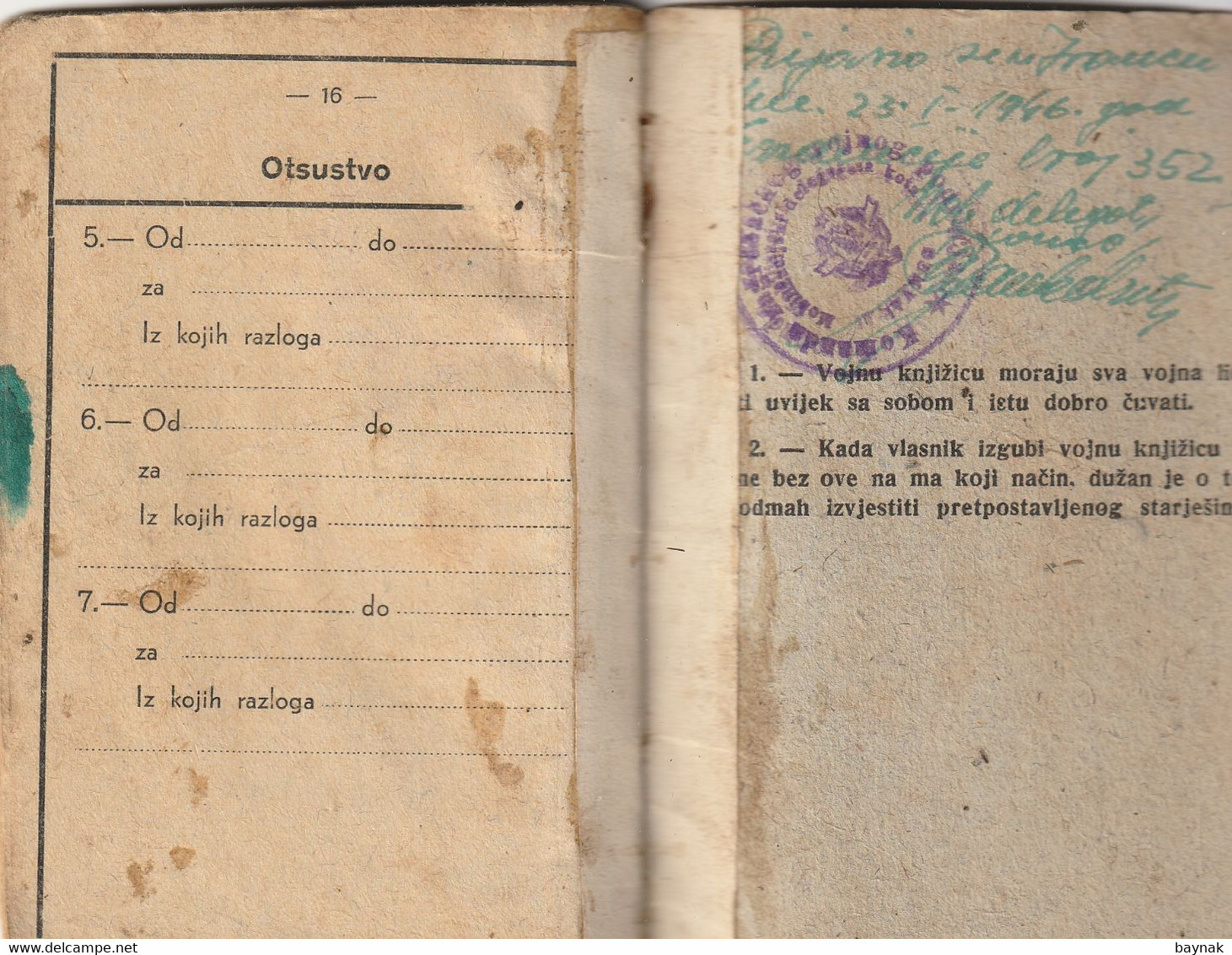 YUGOSLAVIA , CROATIA   - JNA  -- YU ARMY  -  VOJNA KNJIZICA  --  SOLDBUCH   - MILITARY PASS   --  1945 - Documents