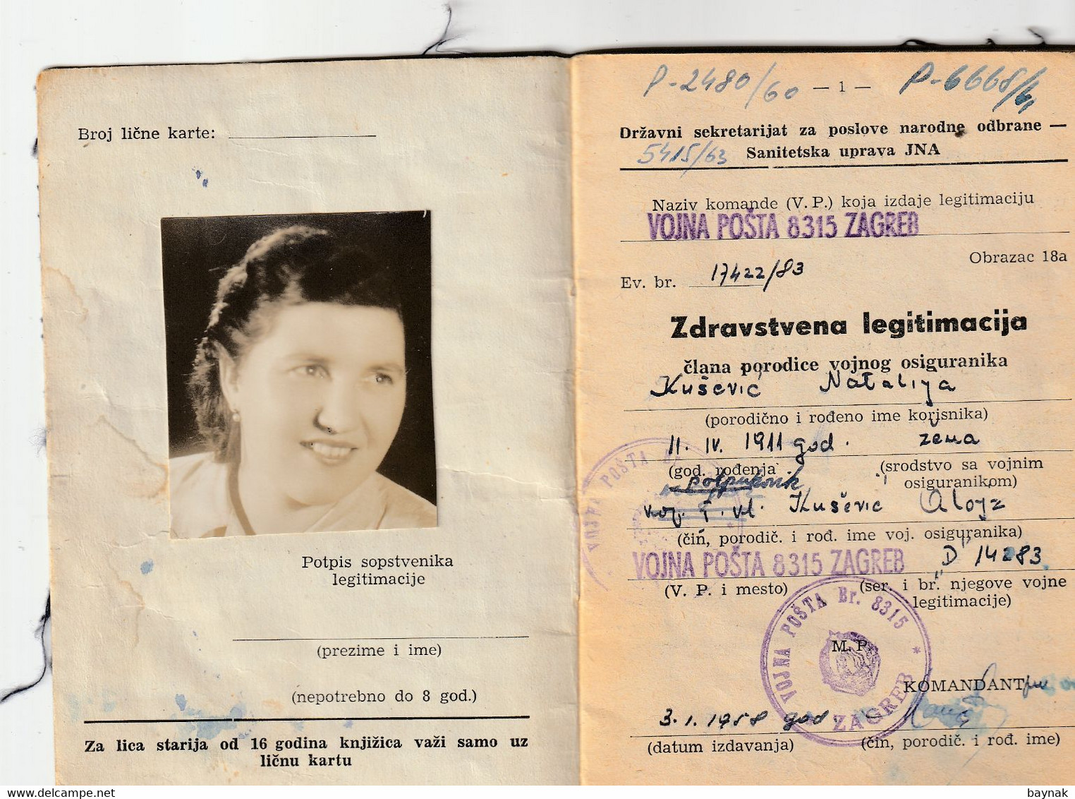 YUGOSLAVIA  -  ZDRAVSTVENA LEGITIMACIJA  --  MILITARY HEALTH LEGITIMATION  -  WIFE OF LIUTENANT COLONEL  --  LADY PHOTO - Documents