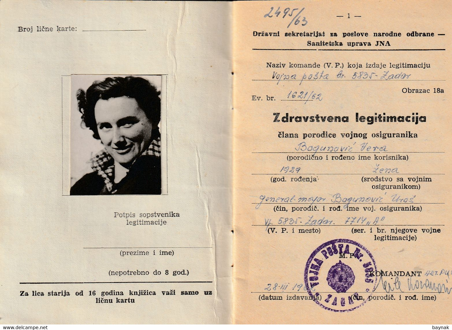 YUGOSLAVIA  -  ZDRAVSTVENA LEGITIMACIJA  --  MILITARY HEALTH LEGITIMATION  -  WIFE OF MAJOR GENERAL  --  LADY PHOTO - Documents