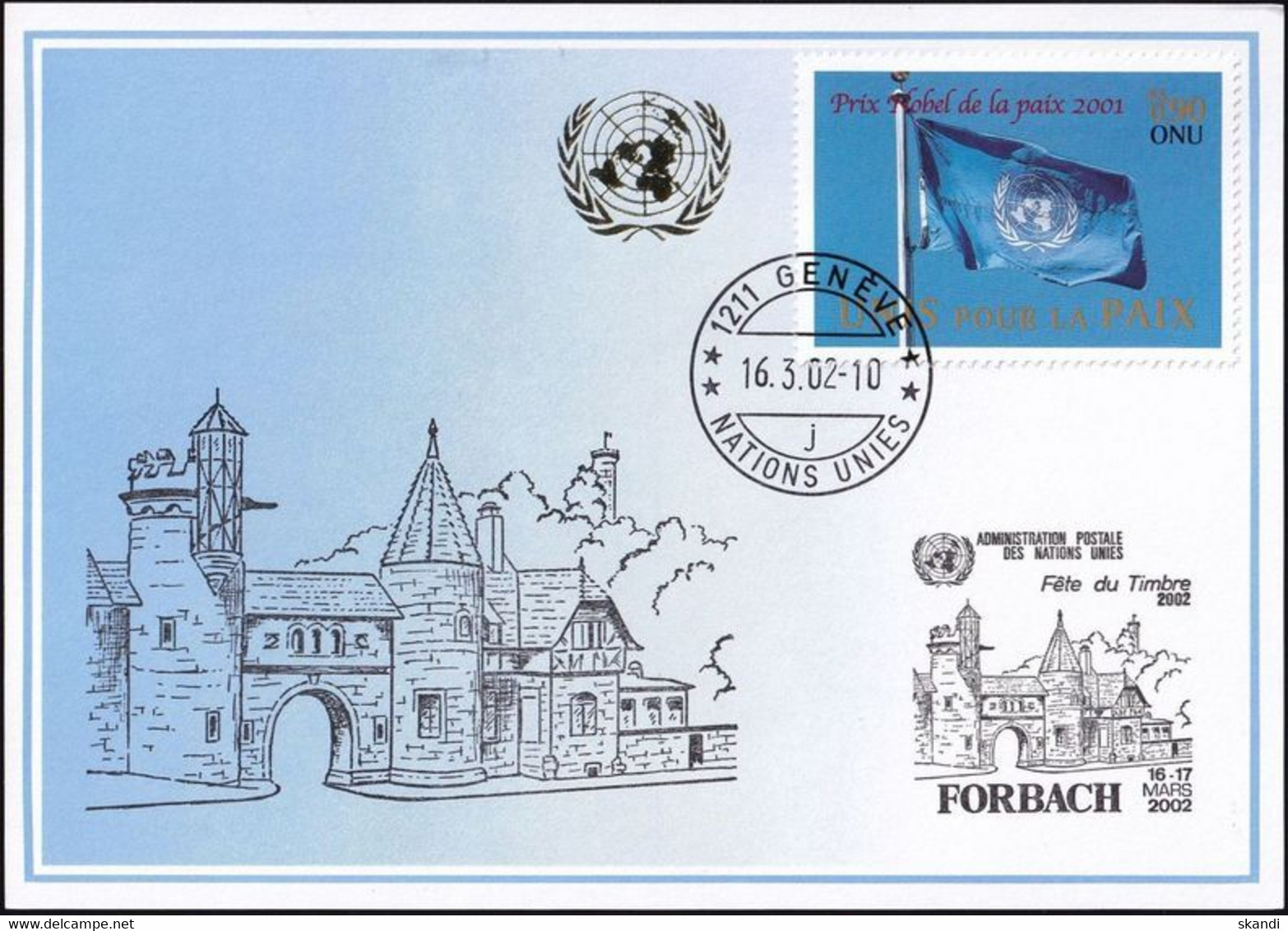 UNO GENF 2002 Mi-Nr. 328 Blaue Karte - Blue Card  Mit Erinnerungsstempel FORBACH - Storia Postale