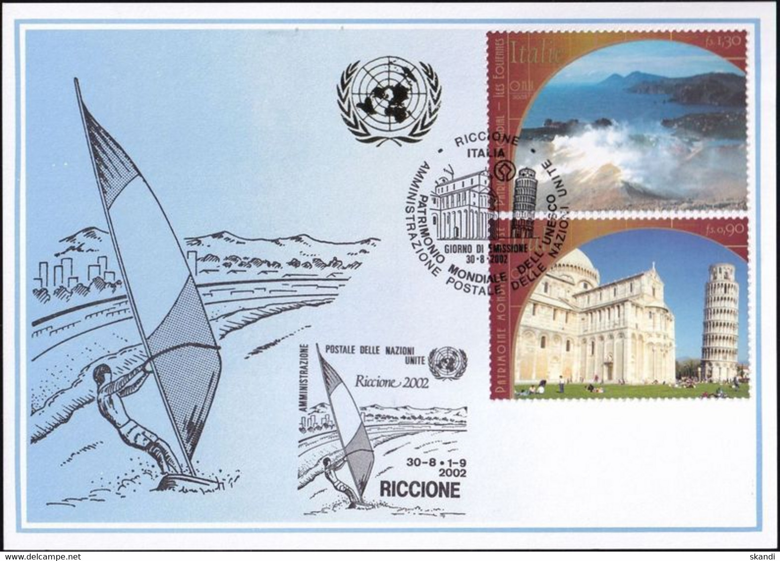 UNO GENF 2002 Mi-Nr. 332 Blaue Karte - Blue Card  Mit Erinnerungsstempel RICCIONE - Storia Postale