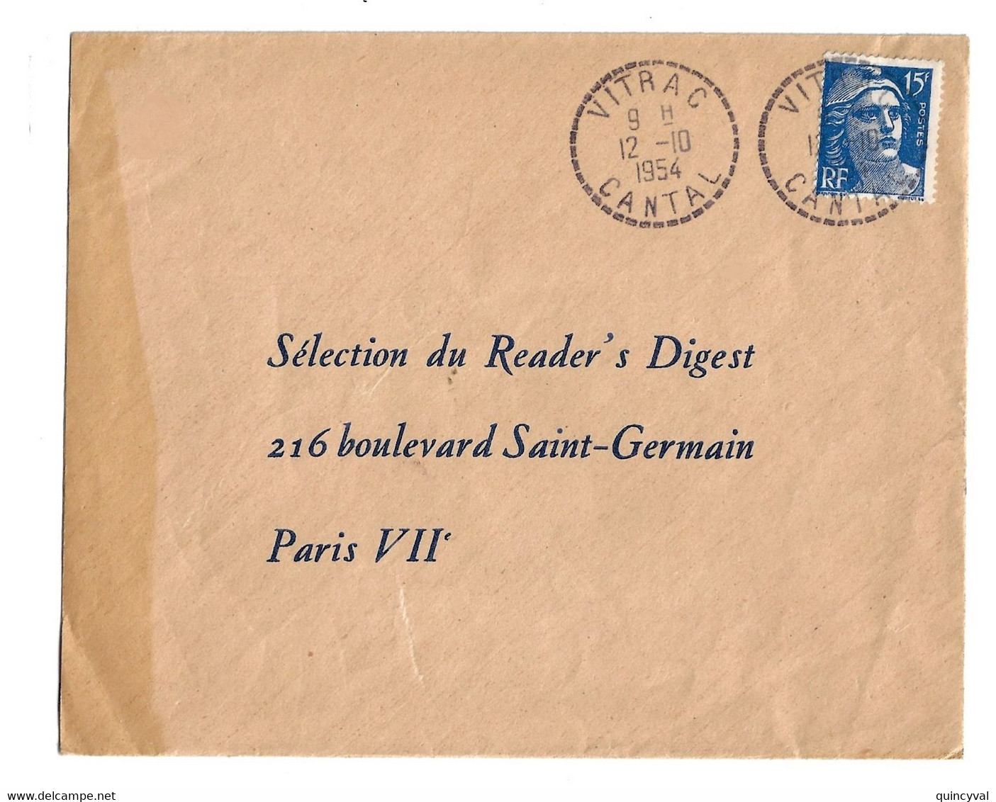 VITRAC Cantal Lettre Reader' Digest Dest Paris 15 F Gandon Bleu Yv 886 Ob 12 10 1954 Ob FB 04 Lautier B7 - Handstempel