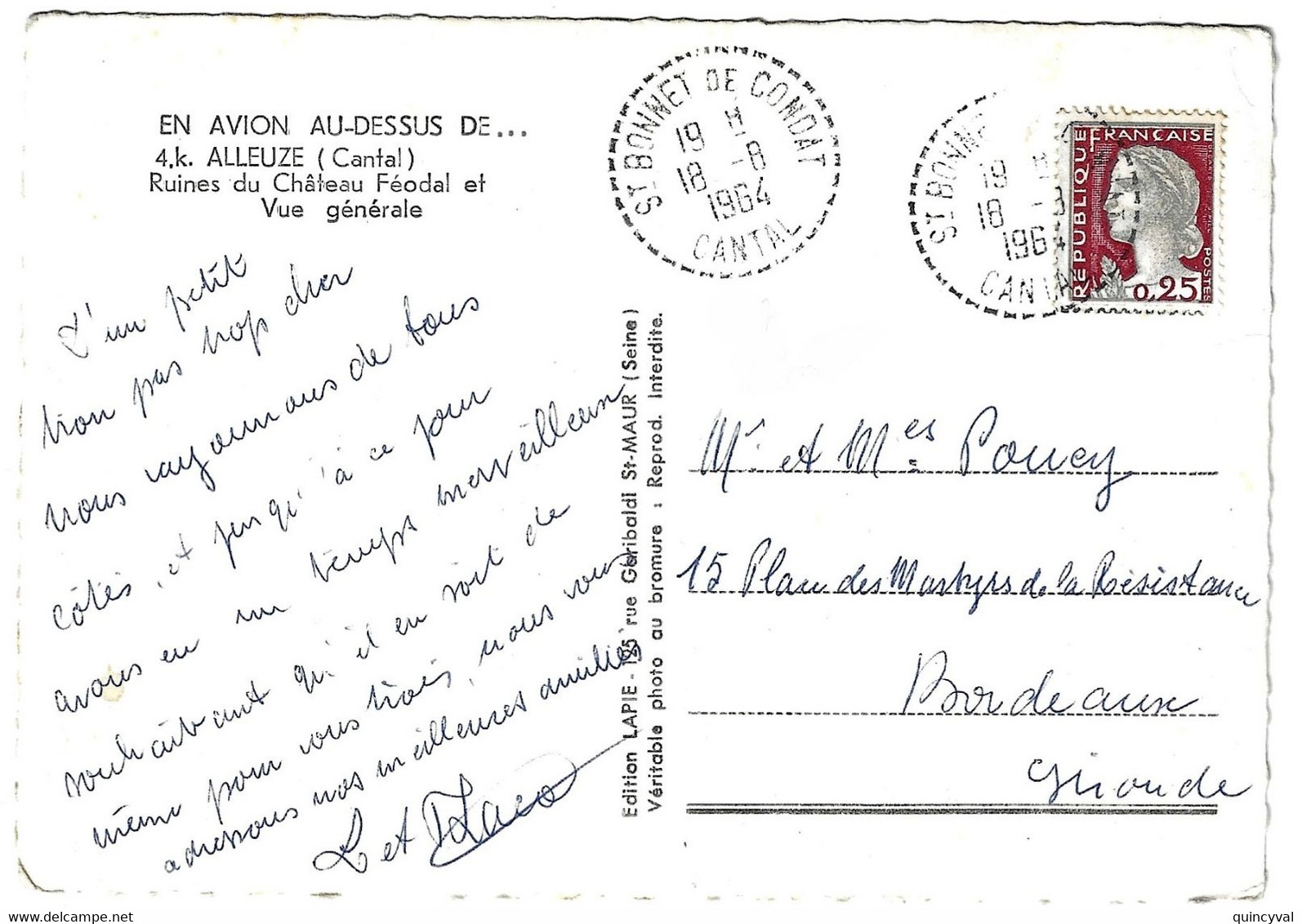 St BONNET DE CONDAT Cantal Carte Postale 25c Decaris Yv 1263 Ob Recette Distribution Pointillé B7 Ob 18 8 1964 - Cachets Manuels