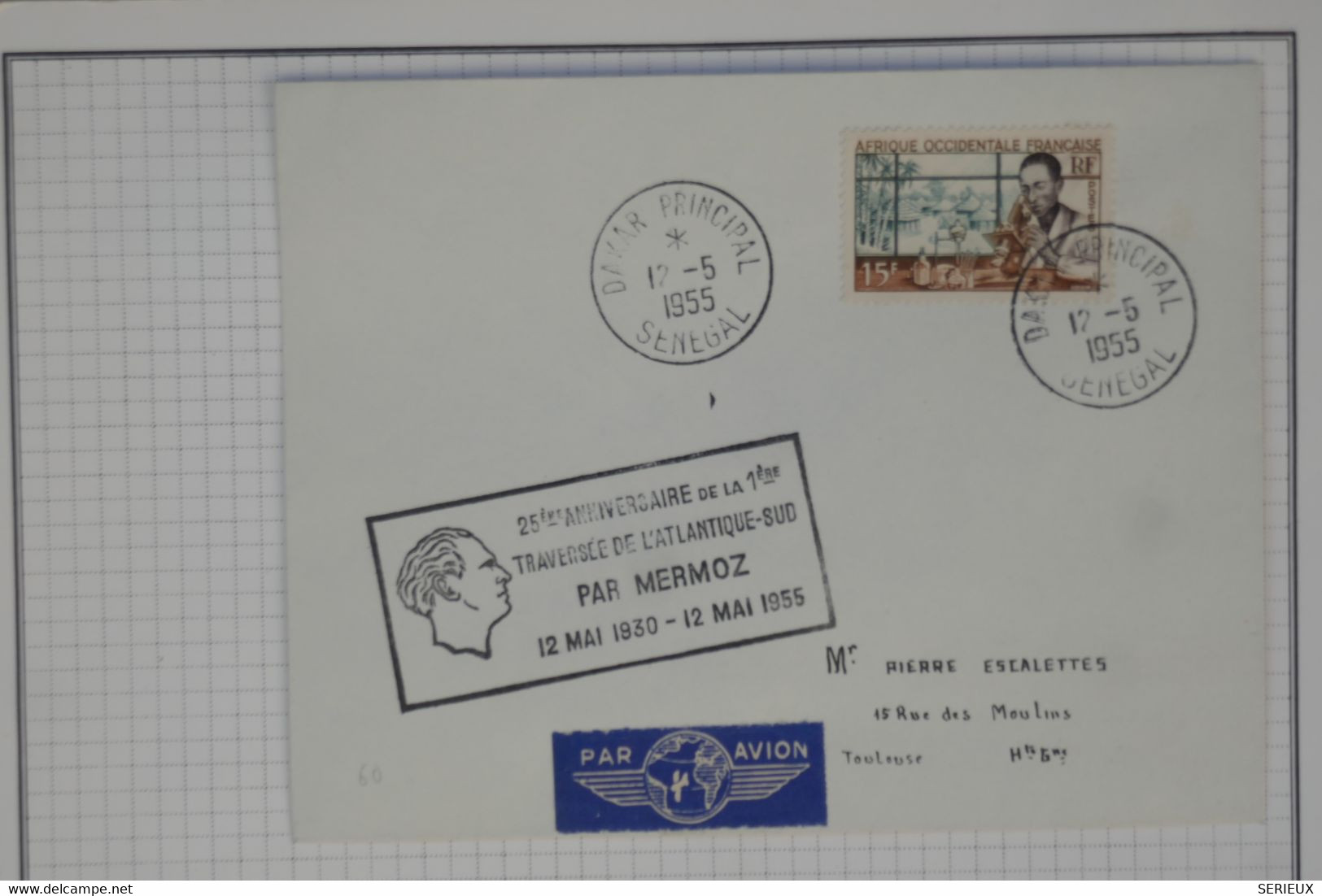 BB7 SENEGAL  BELLE  LETTRE 1955 ANNIVERSAIRE MERMOZ  POUR TOULOUSE   FRANCE + ++ AFFRANCH. PLAISANT - Airmail