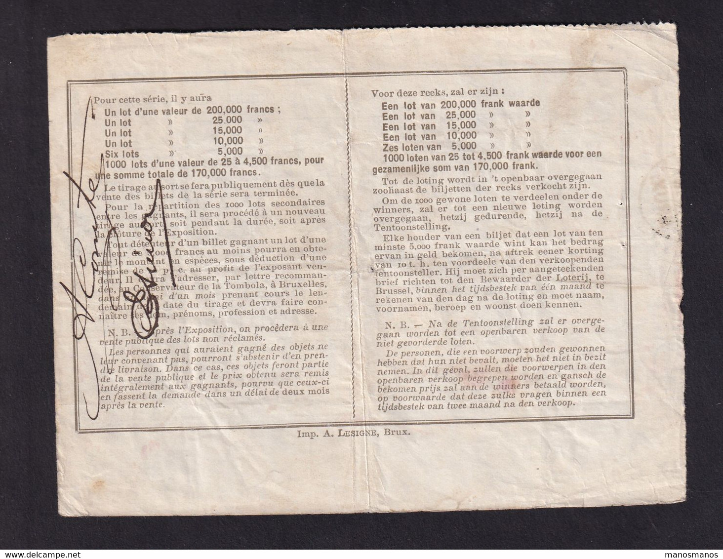 364/37 - Expo Universelle BRUXELLES 1910 - Billet De Loterie (RARE) 1 F - 7è Série - Cachet De Controle Ovale BRUX. - Autres & Non Classés