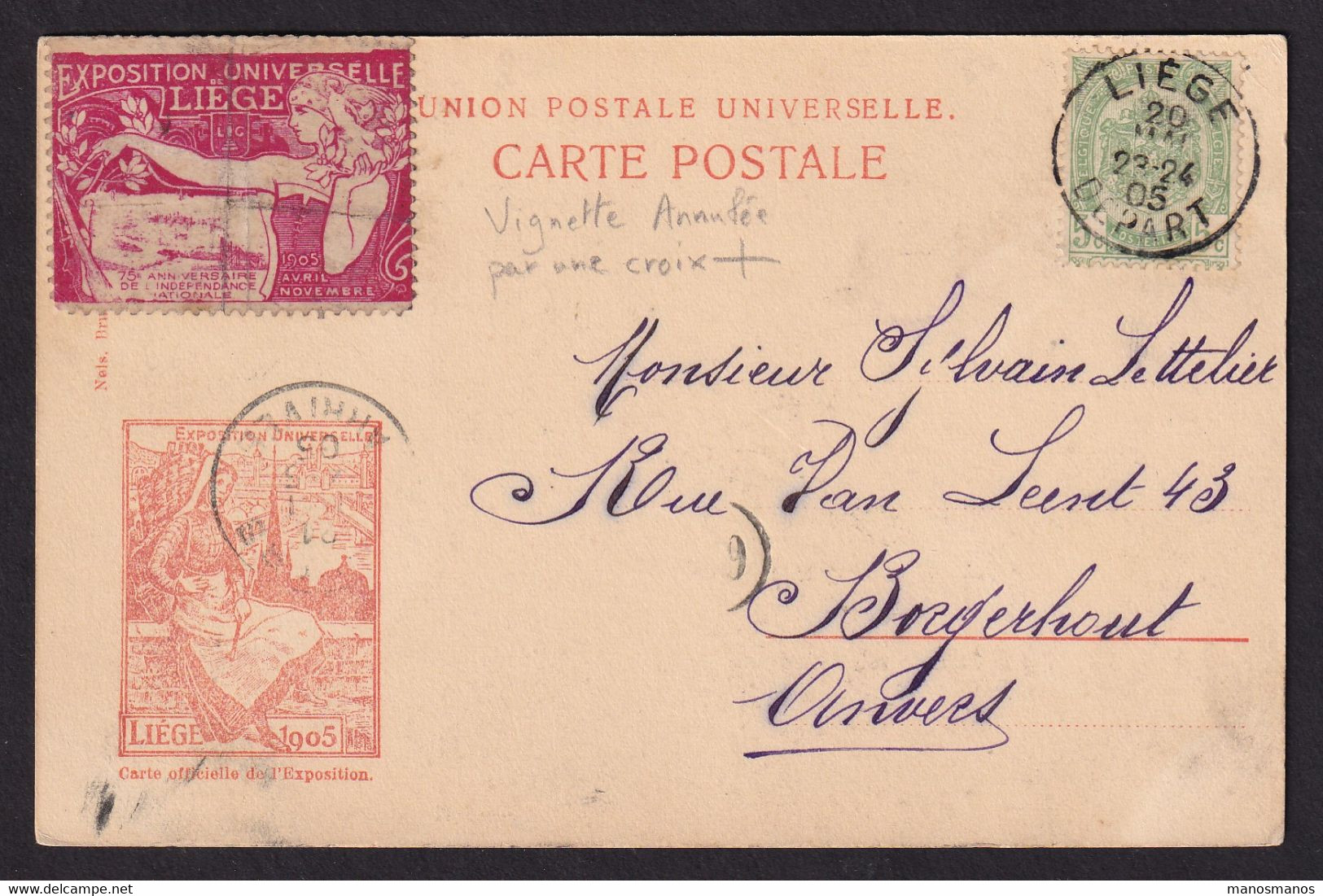 368/37 - Expo Universelle LIEGE 1905 - Carte-Vue TP Armoiries LIEGE 1905 - TB Vignette De L'EXPO , Annulée En Croix. - 1905 – Liège (Belgique)