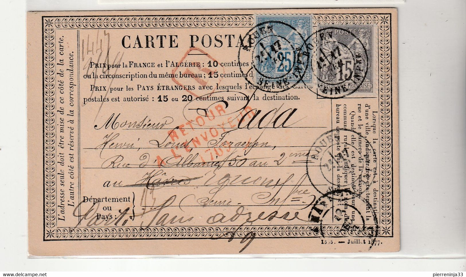 Carte Précurseur Recommandée Et Retour à L'envoyeur, Avec Type Sage, 1877 - 1871-1875 Ceres