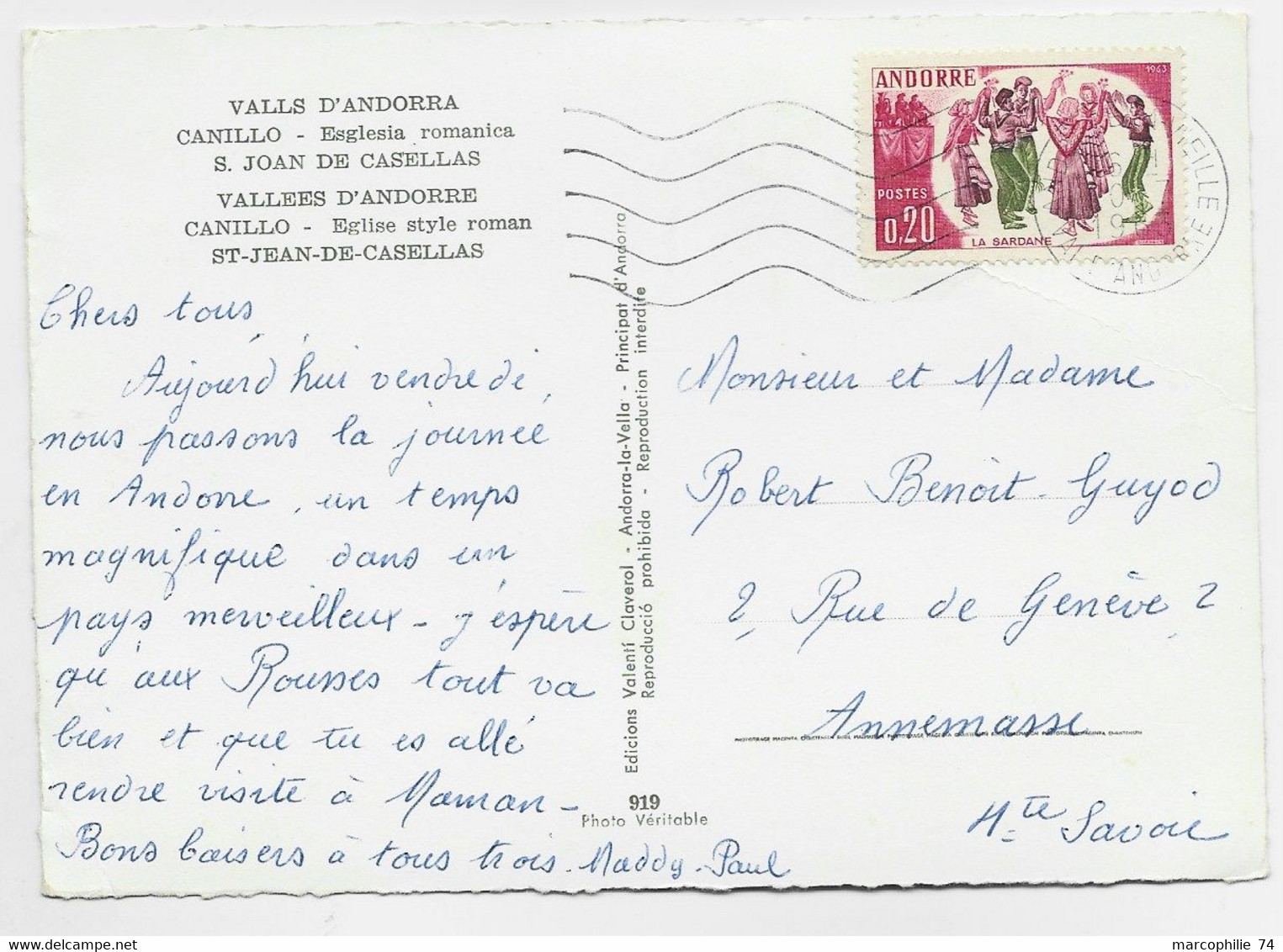 ANDORRE 20C DANSE  SEUL CARTE ANDORRE 1963 - Storia Postale