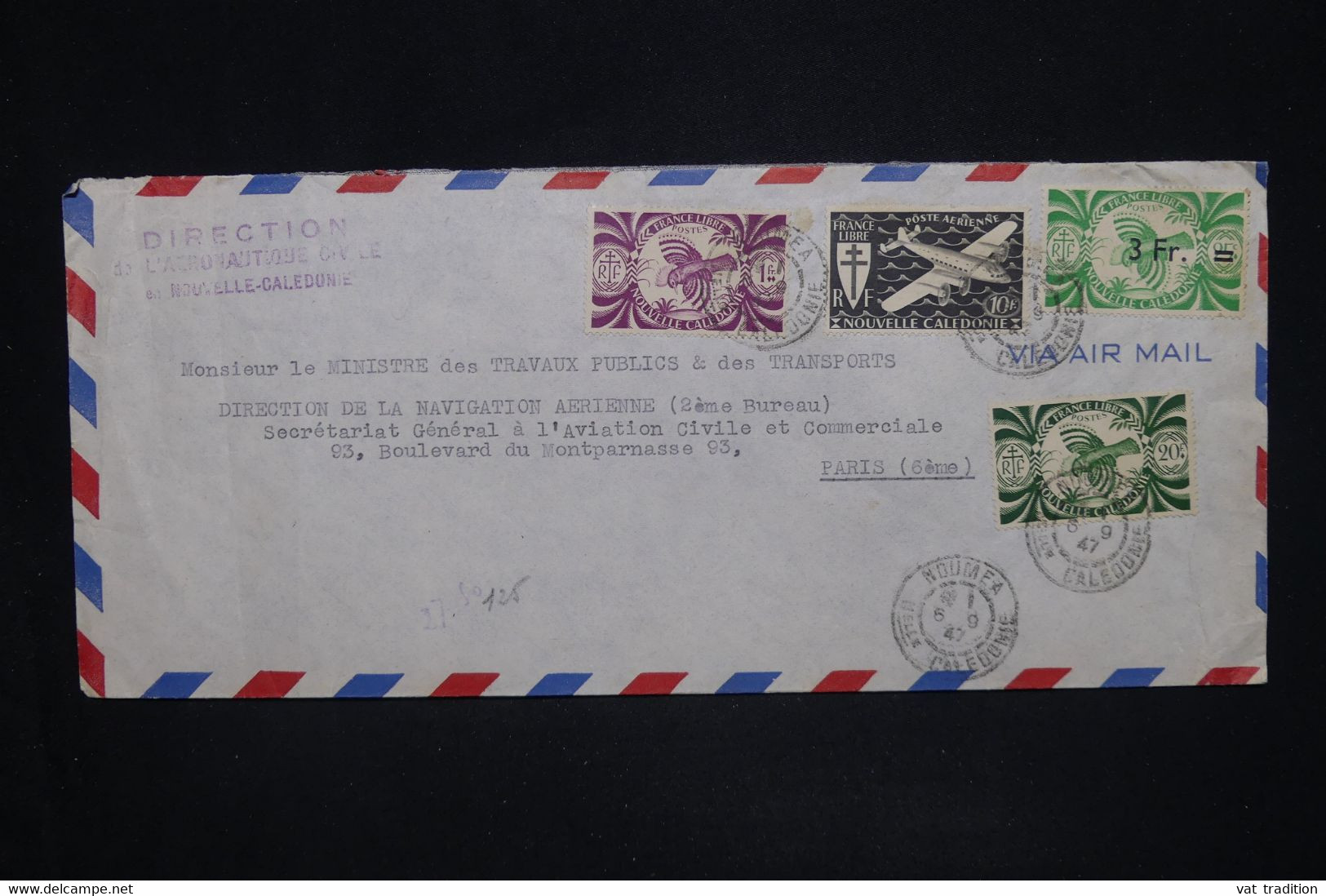 NOUVELLE CALÉDONIE - Enveloppe De La Direction De L' Aéronautique Civile De Nouméa Pour Paris En 1947  - L 128027 - Briefe U. Dokumente