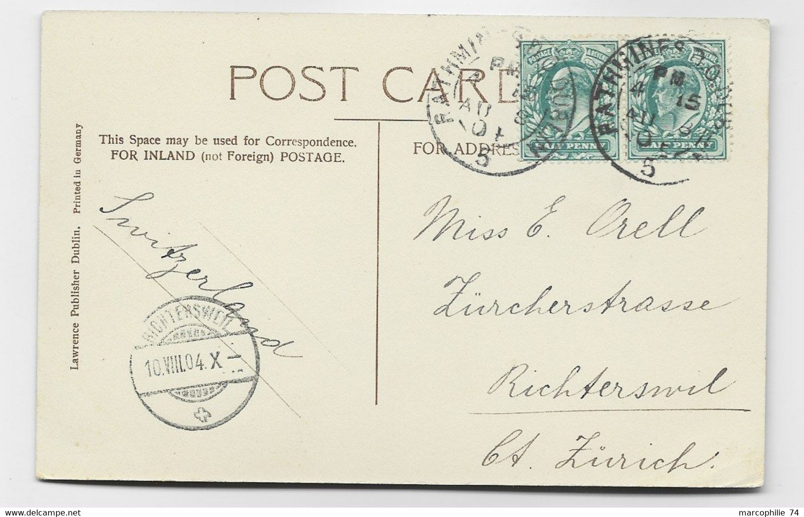 ENGLAND ONE PENNY X2 RATHMINES DO DUBLIN 1904 5 CARD POST DUBLIN TO SUISSE - Covers & Documents